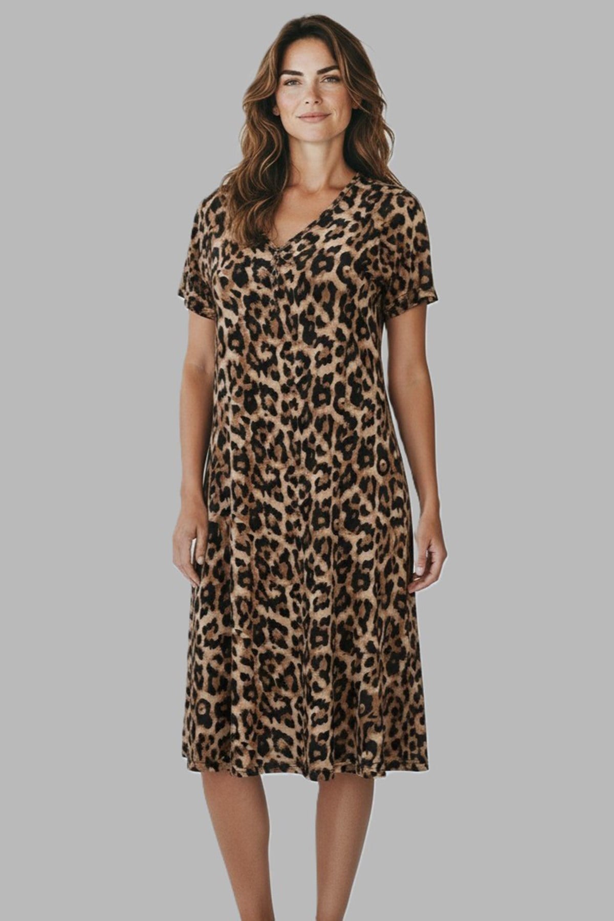 Kadın Kısa Kol Viskon Elbise Pijama 25236-2 Leopar 
