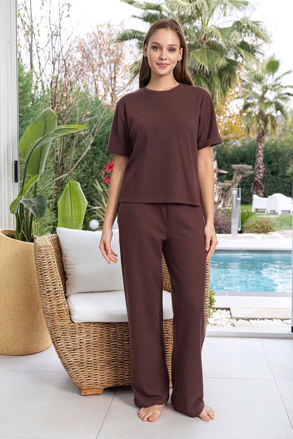 Kadın Kısa Kol Waffle Kumaş Pijama Takımı 260107 Kahverengi