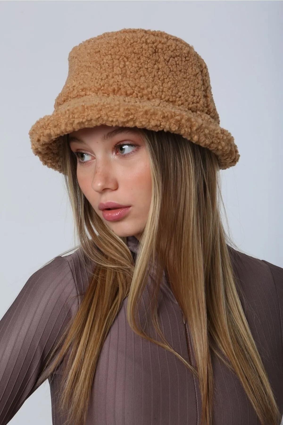 Kadın Kıvırcık Peluş Bucket Şapka RKŞ-10 Camel