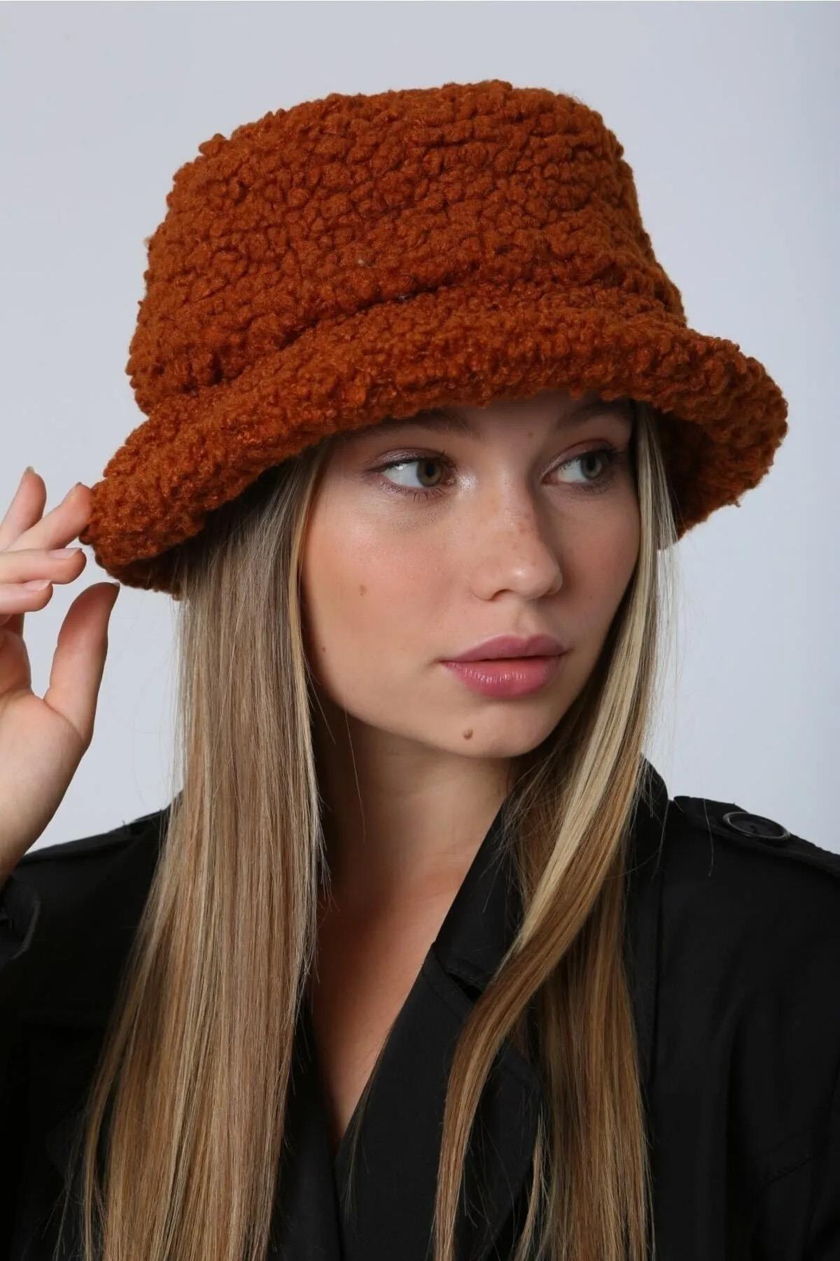 Kadın Kıvırcık Peluş Bucket Şapka RKŞ-10 Kiremit