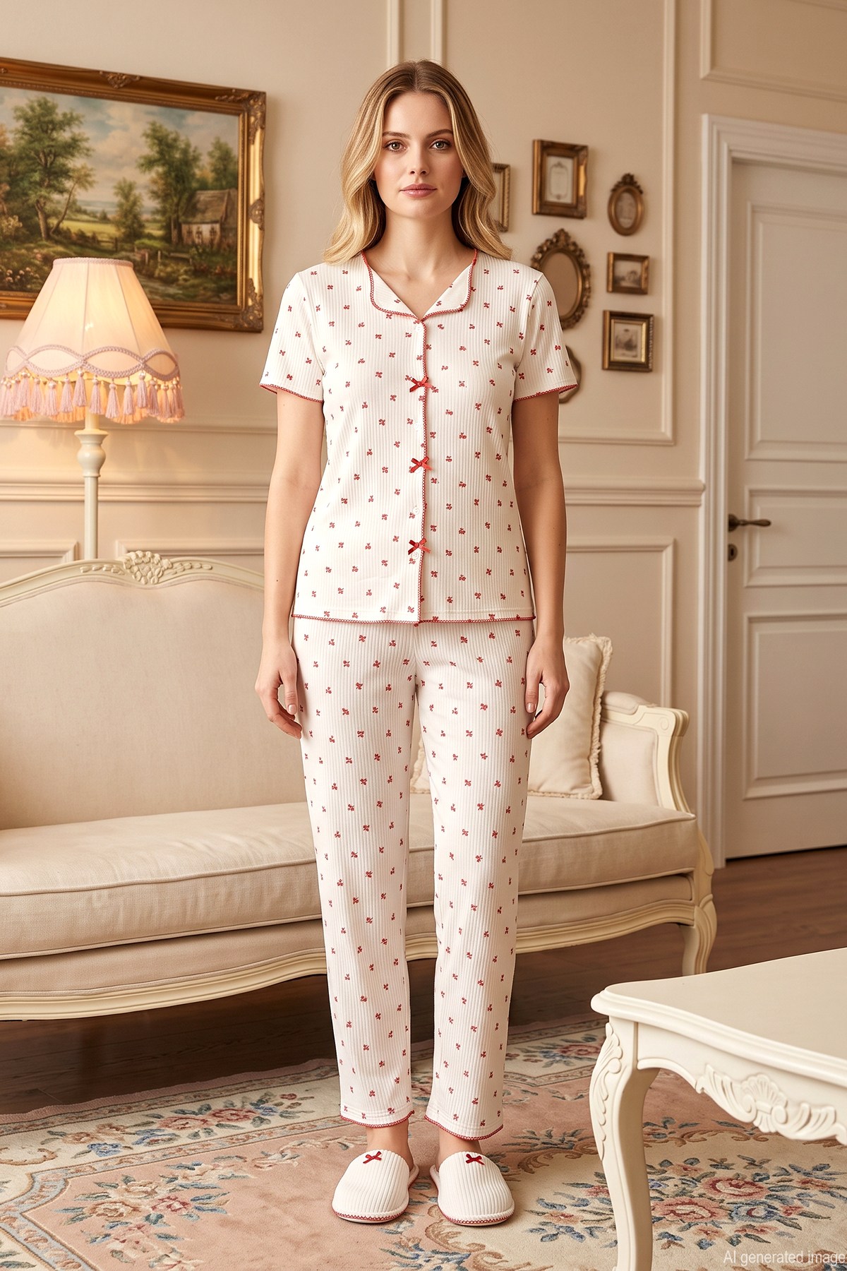 Kadın Kurdele Desen Kısa Kol Berlin Pijama Takımı 005 Beyaz