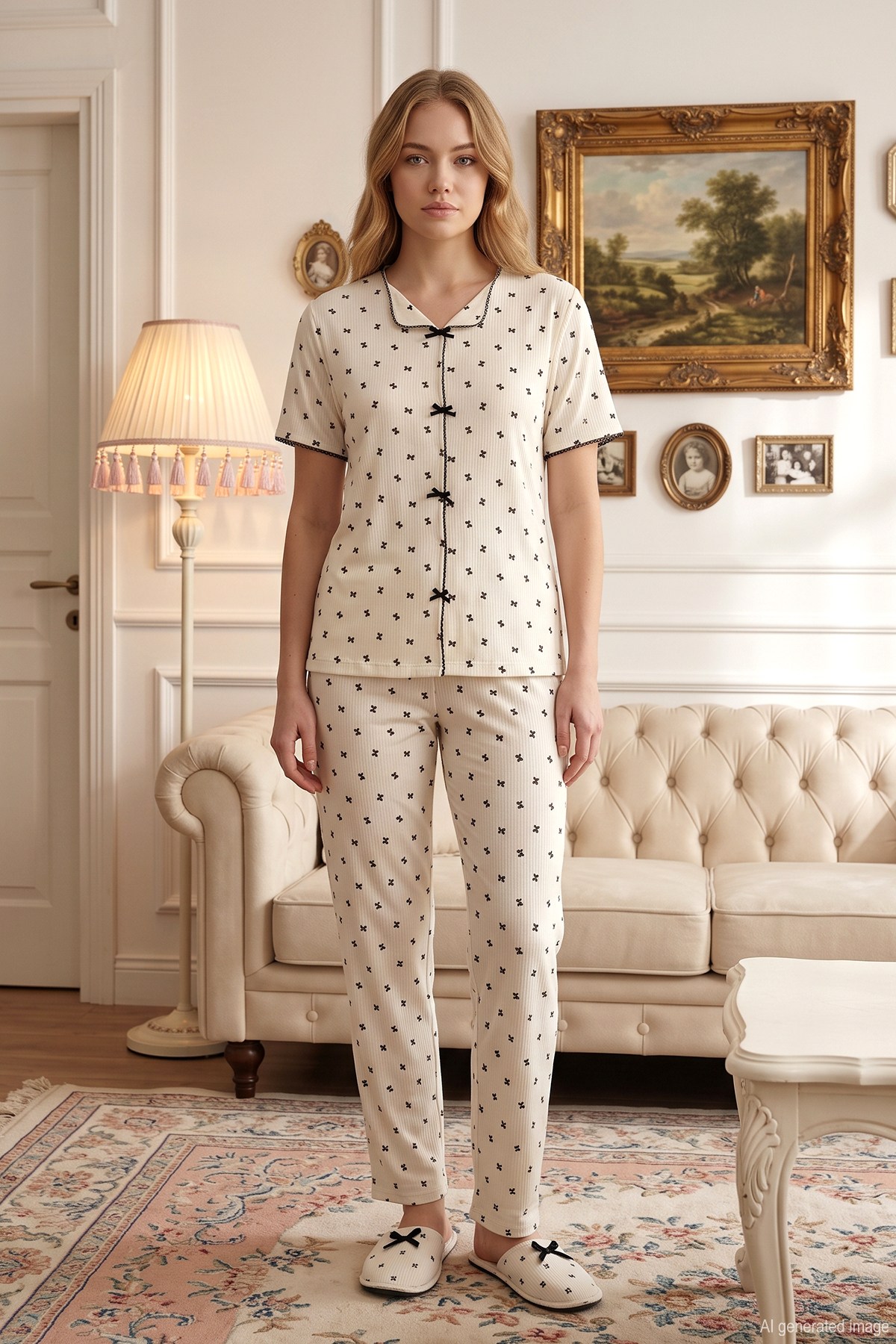 Kadın Kurdele Desen Kısa Kol Berlin Pijama Takımı 004 Beyaz03