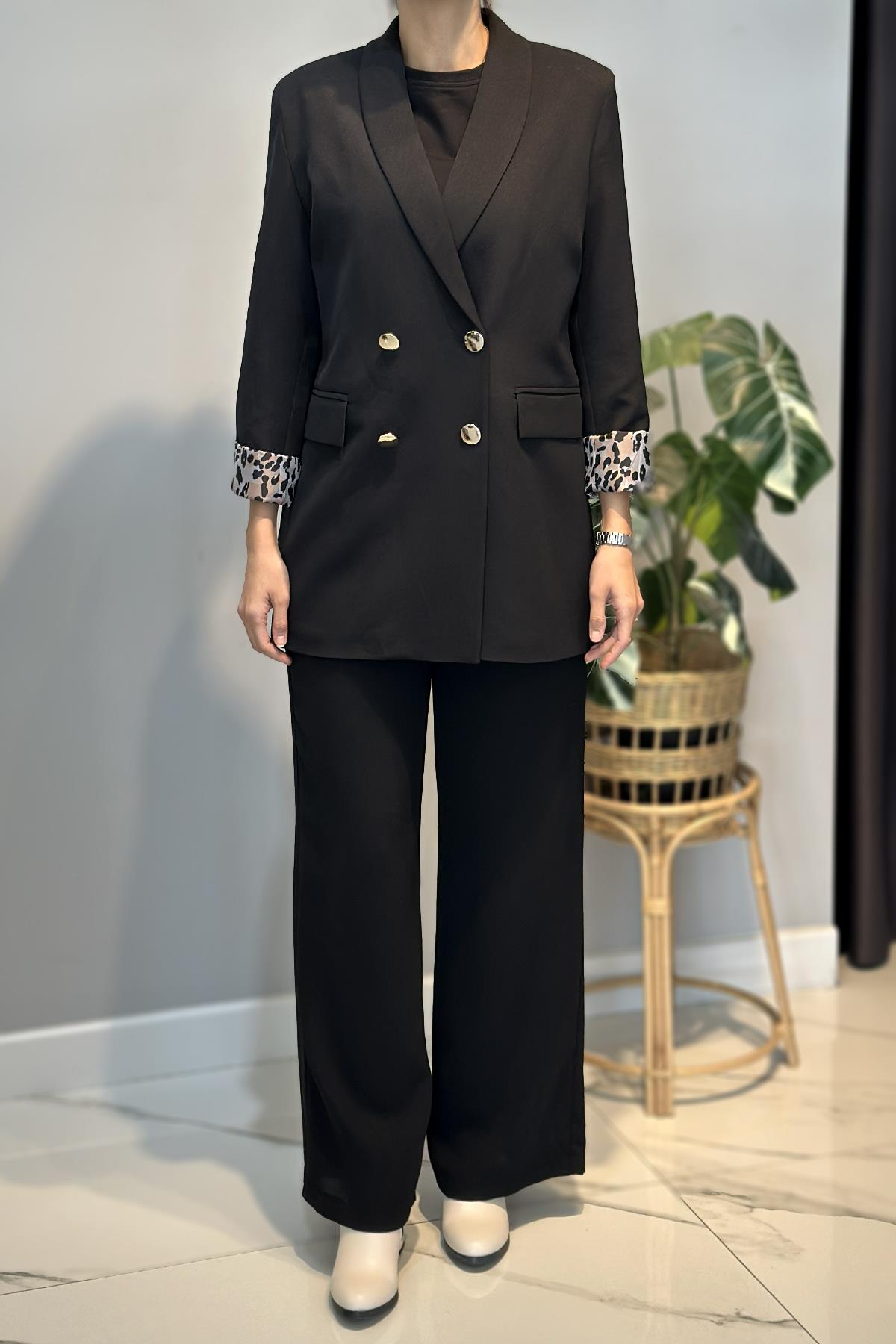 Kadın Leopar Astar Detay Blazer Ceket 1156 Siyah