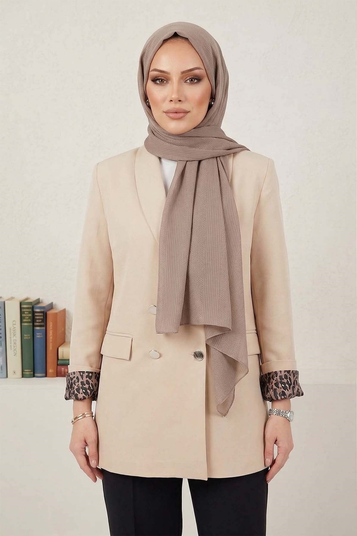 Kadın Leopar Astar Detay Blazer Ceket 01 Bej