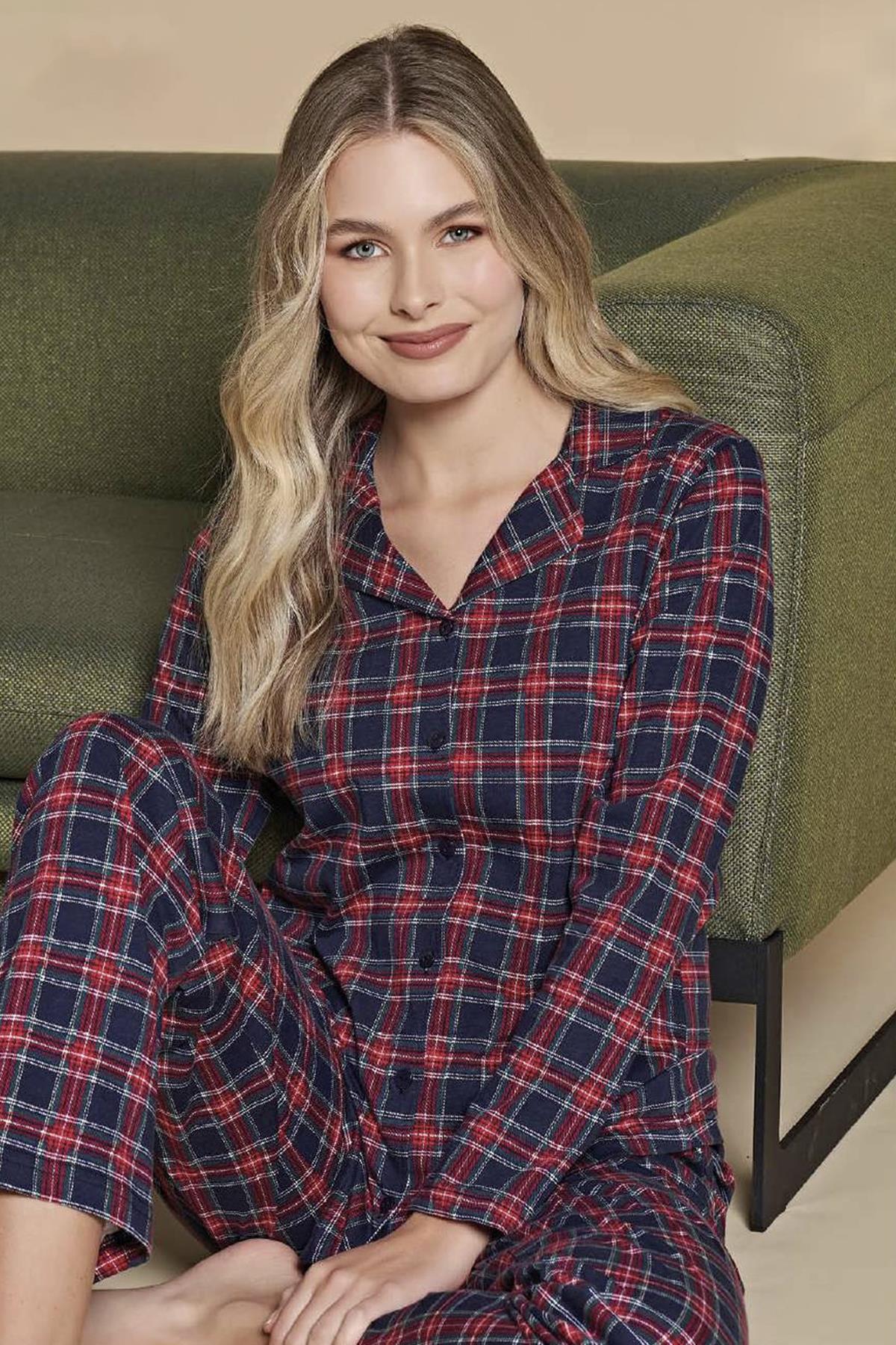 Kadın Önden Düğmeli Pijama Takımı 1405 Lacivert