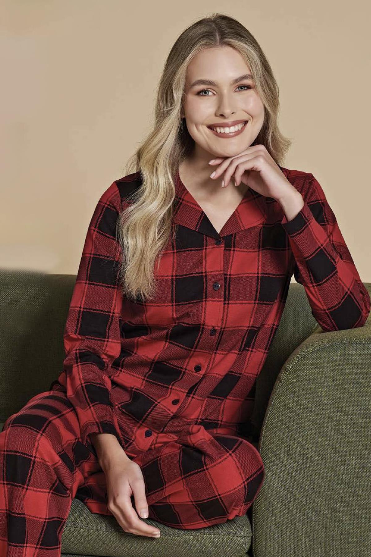 Kadın Önden Düğmeli Pijama Takımı 1406 Kırmızı
