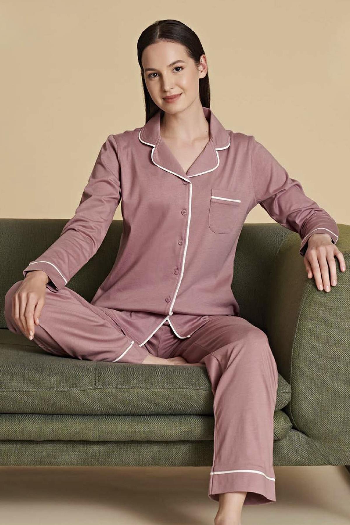 Kadın Önden Düğmeli Pijama Takımı 1436 Gül Kurusu