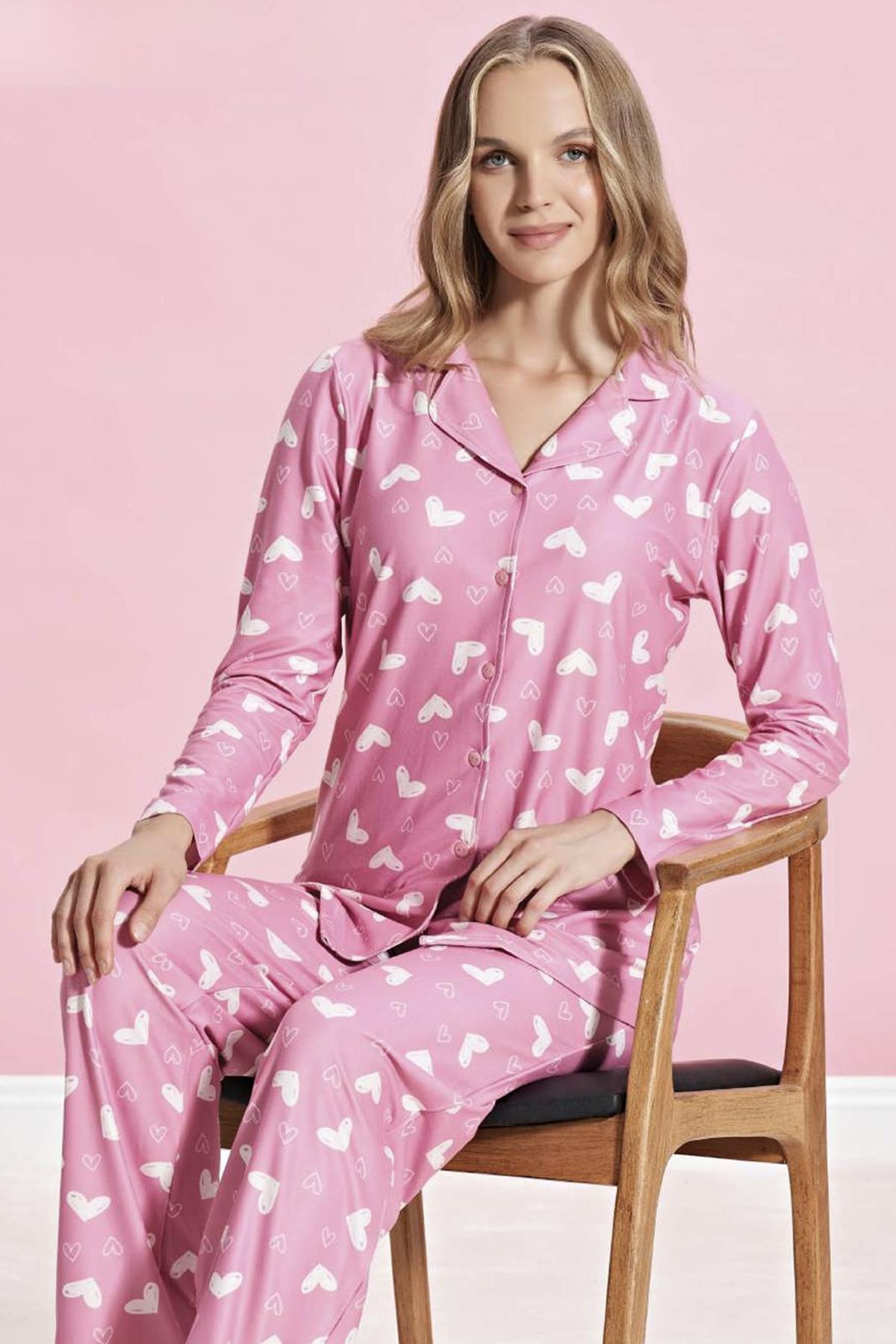 Kadın Önden Düğmeli Pijama Takımı 1484 Pembe
