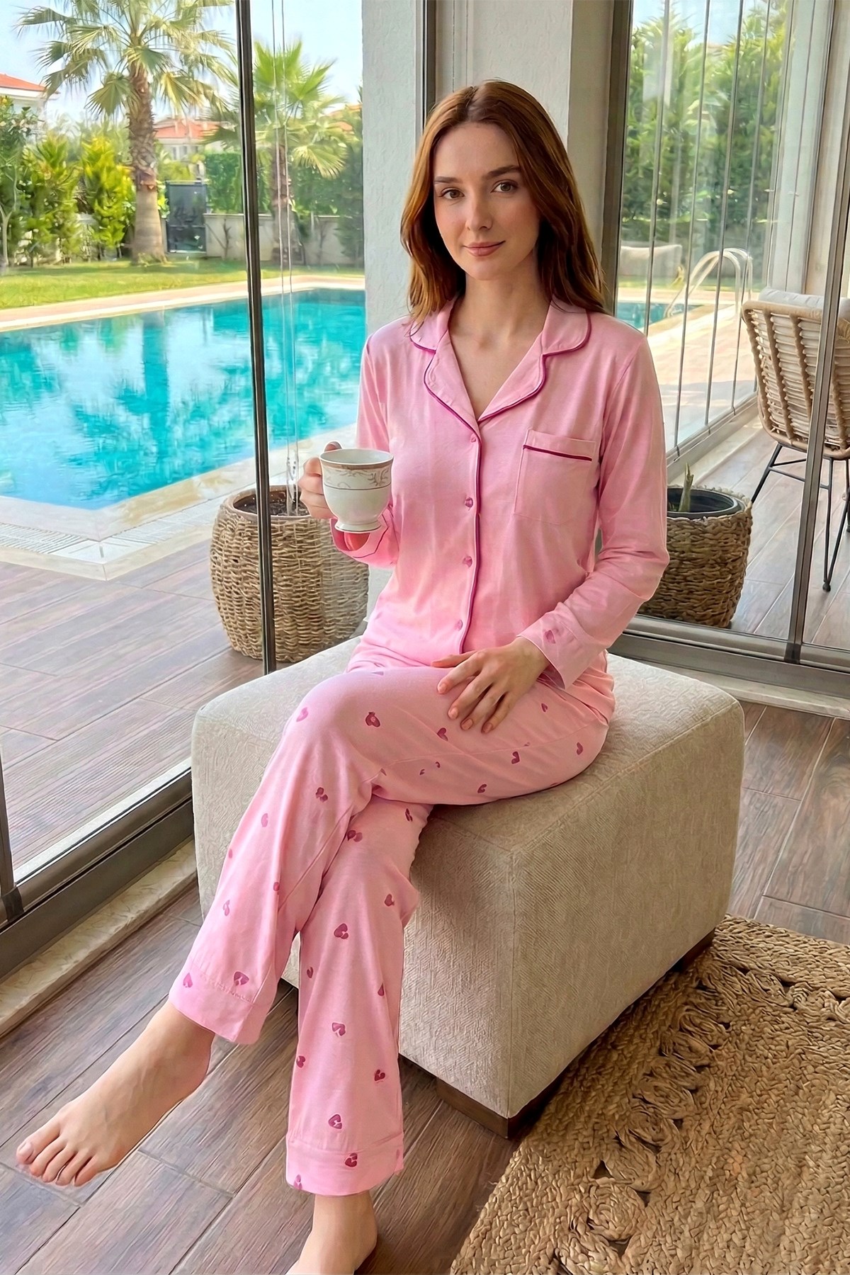 Kadın Önü Düğmeli Yumuşak Milan Kumaş Pijama Takımı 250347-8 Pembe05