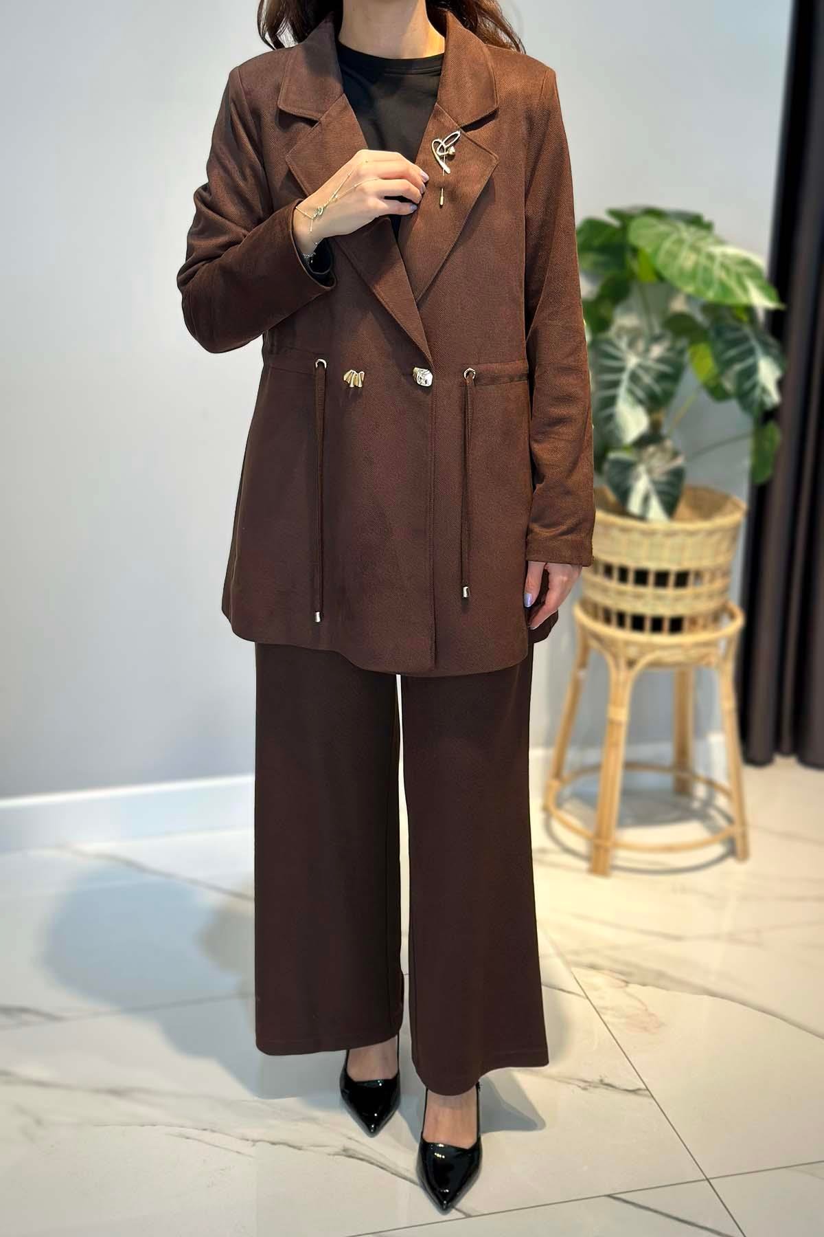 Kadın Örme Cupra Blazer Ceket Pantolon Takım 7372 Kahverengi