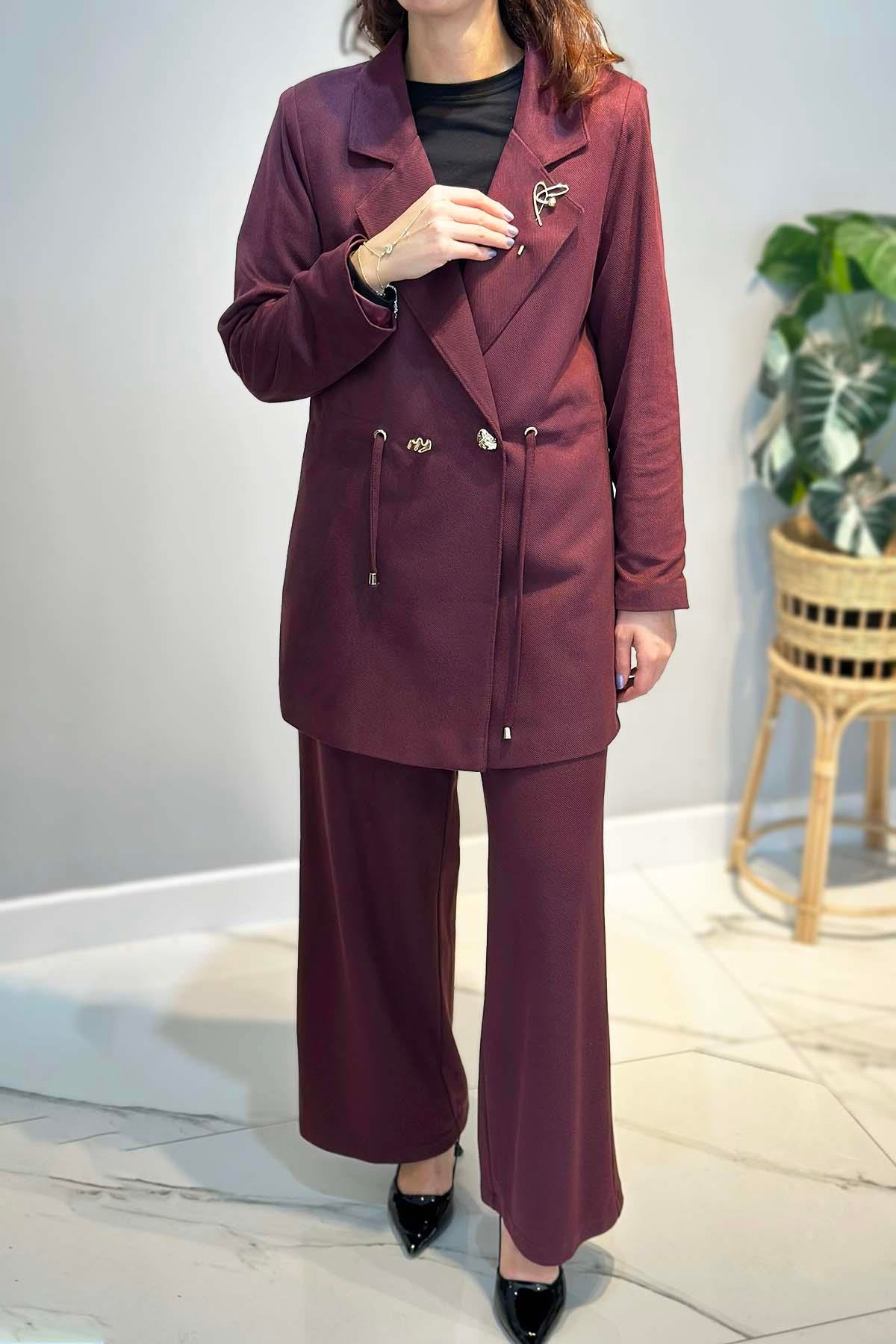 Kadın Örme Cupra Blazer Ceket Pantolon Takım 7372 Bordo