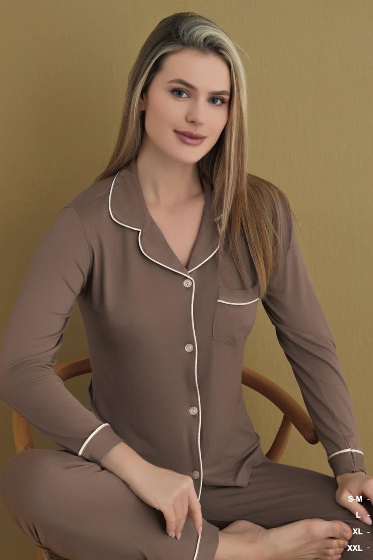 Kadın Pamuklu Pijama Takımı 52037 Vizon