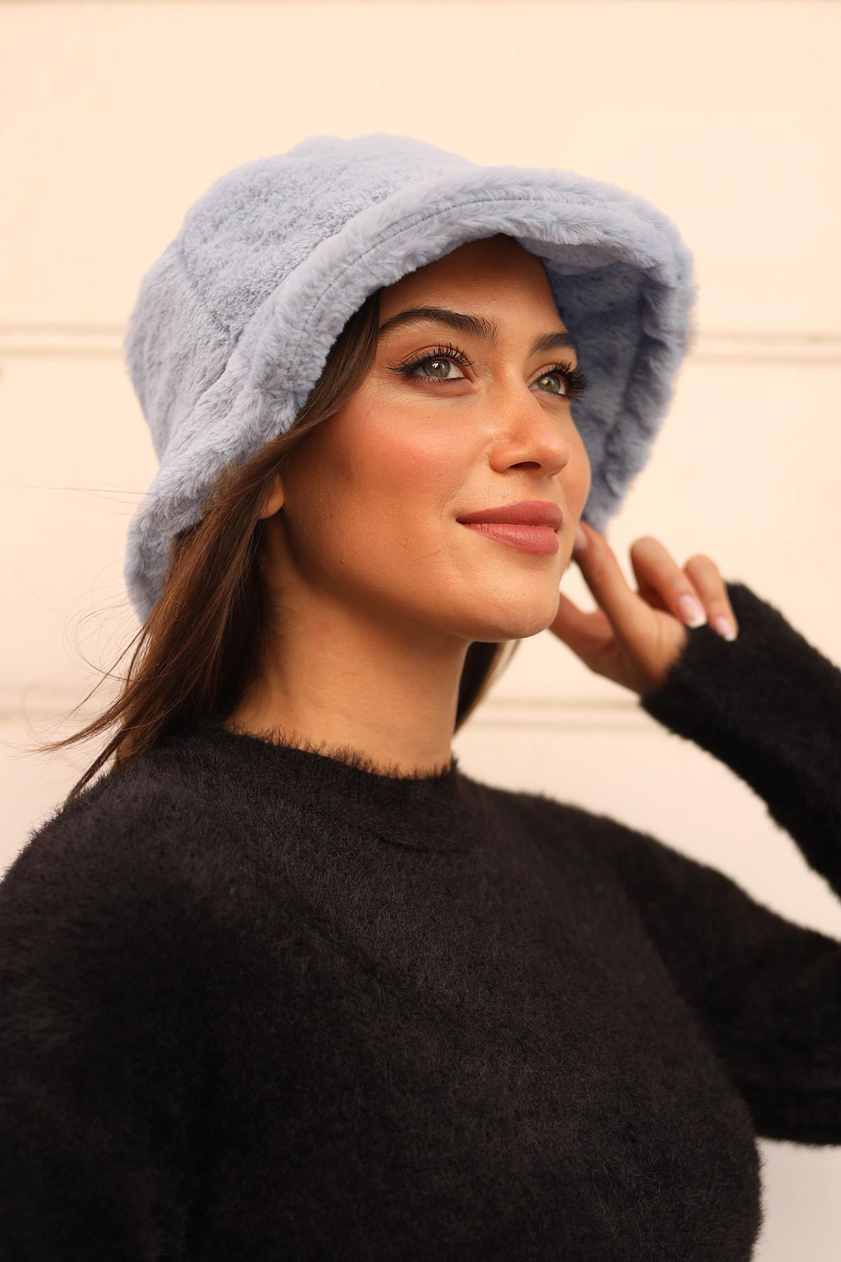 Kadın Peluş Bucket Şapka RKŞ-01 Bebe Mavi