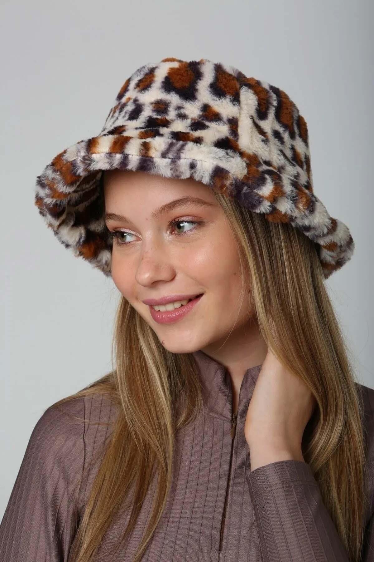 Kadın Peluş Bucket Şapka RKŞ-01 Ekru Leopar