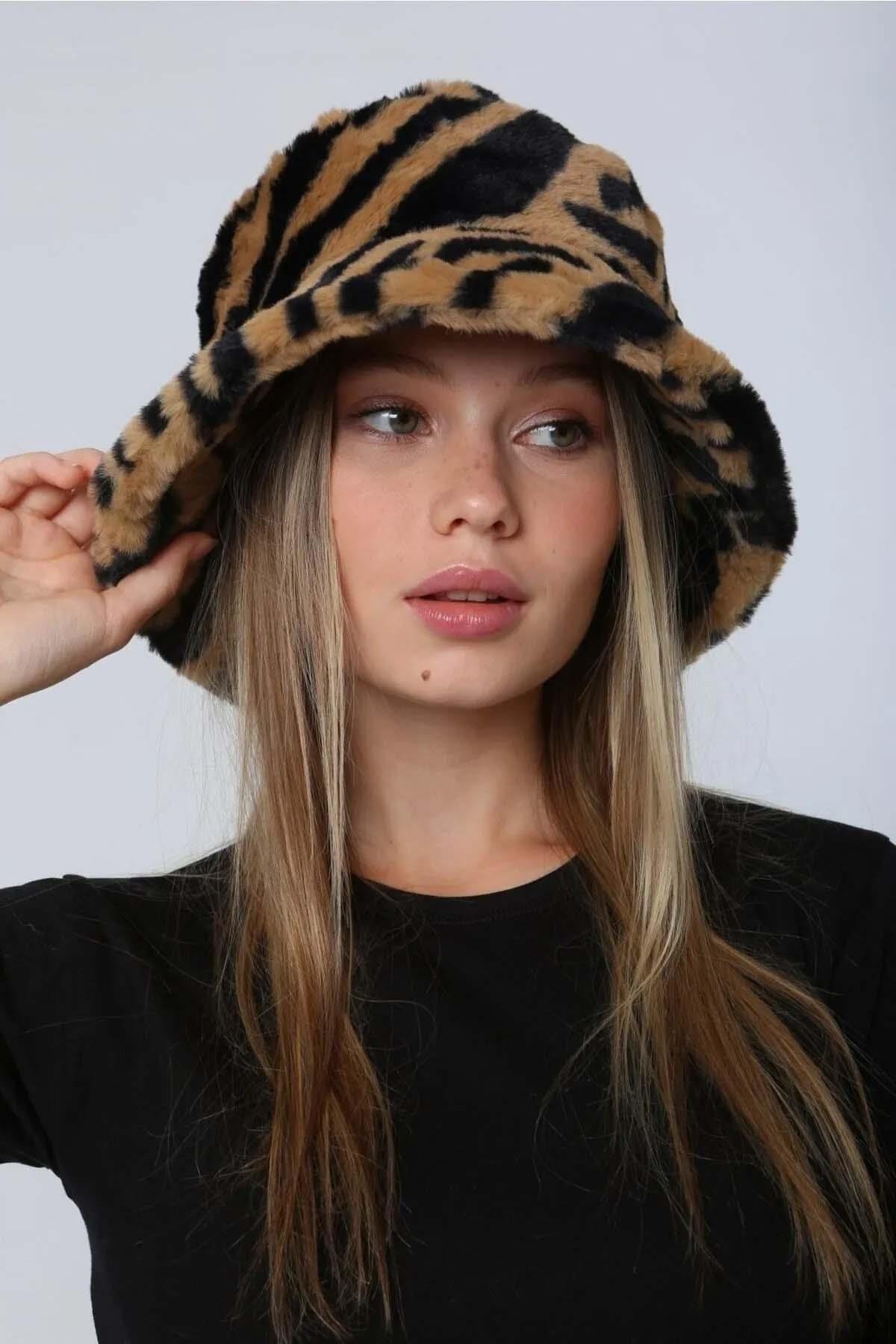 Kadın Peluş Bucket Şapka RKŞ-01 Kahve Zebra