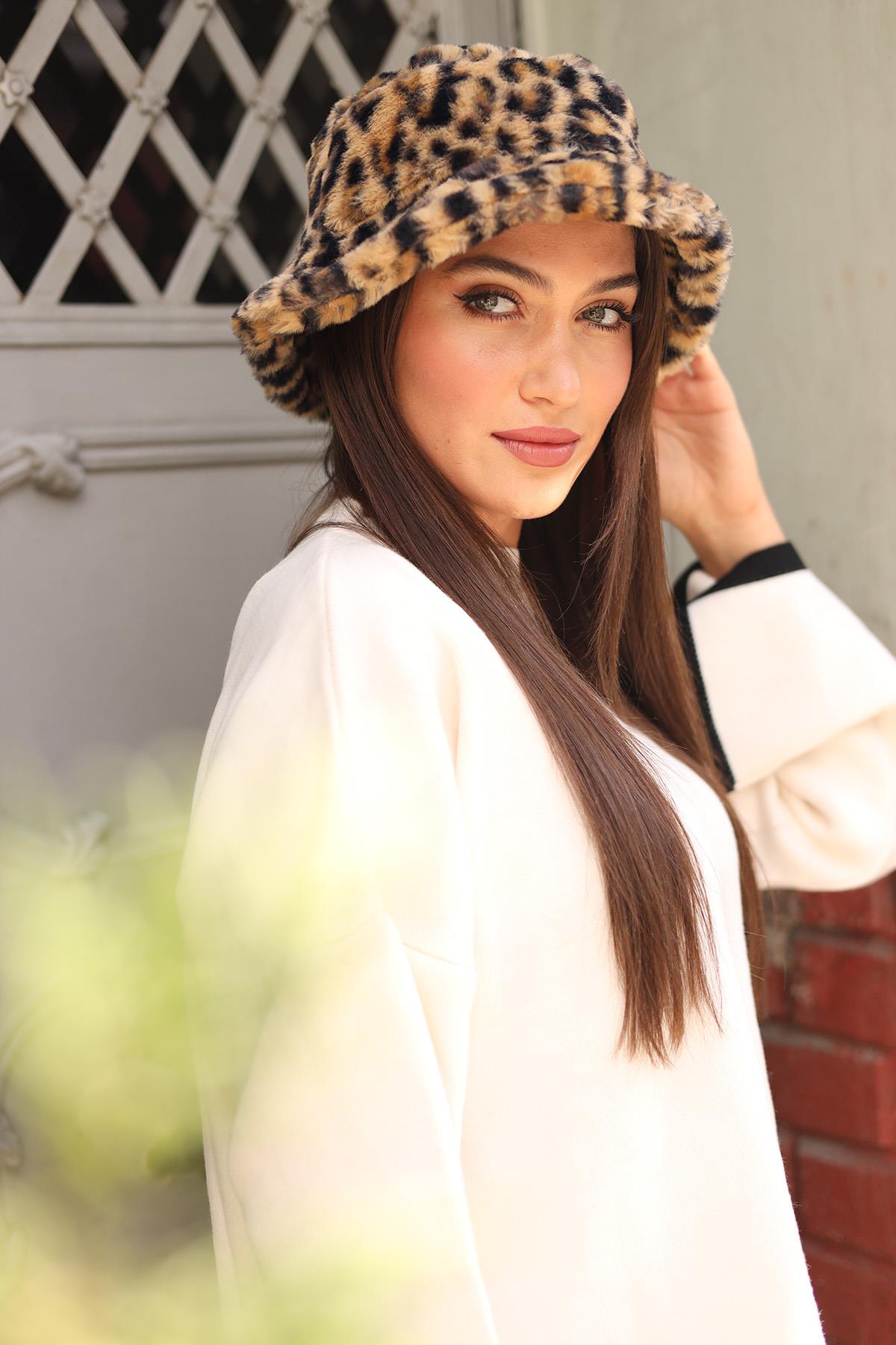 Kadın Peluş Bucket Şapka RKŞ-01 Leopar1 