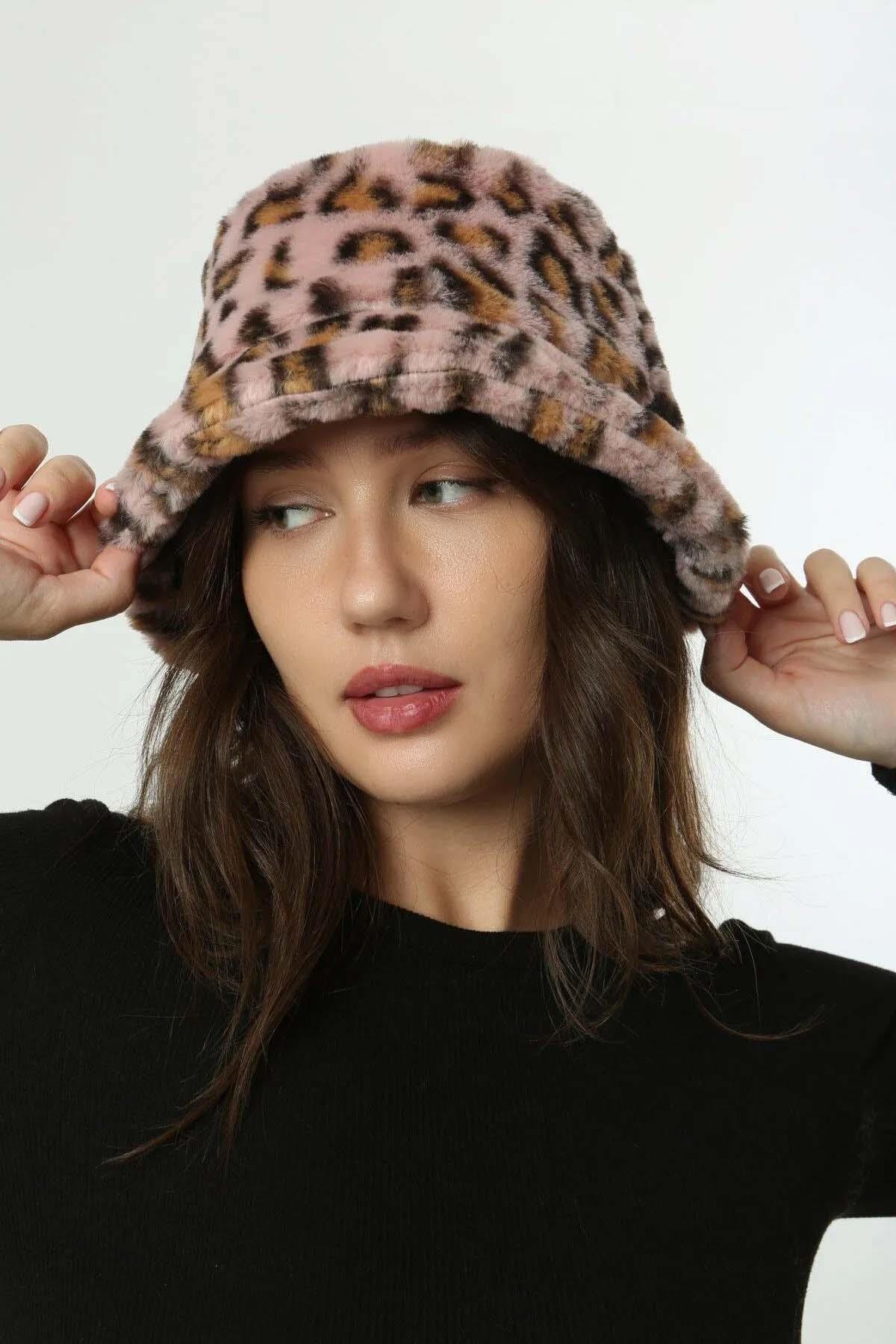 Kadın Peluş Bucket Şapka RKŞ-01 Pembe Leo