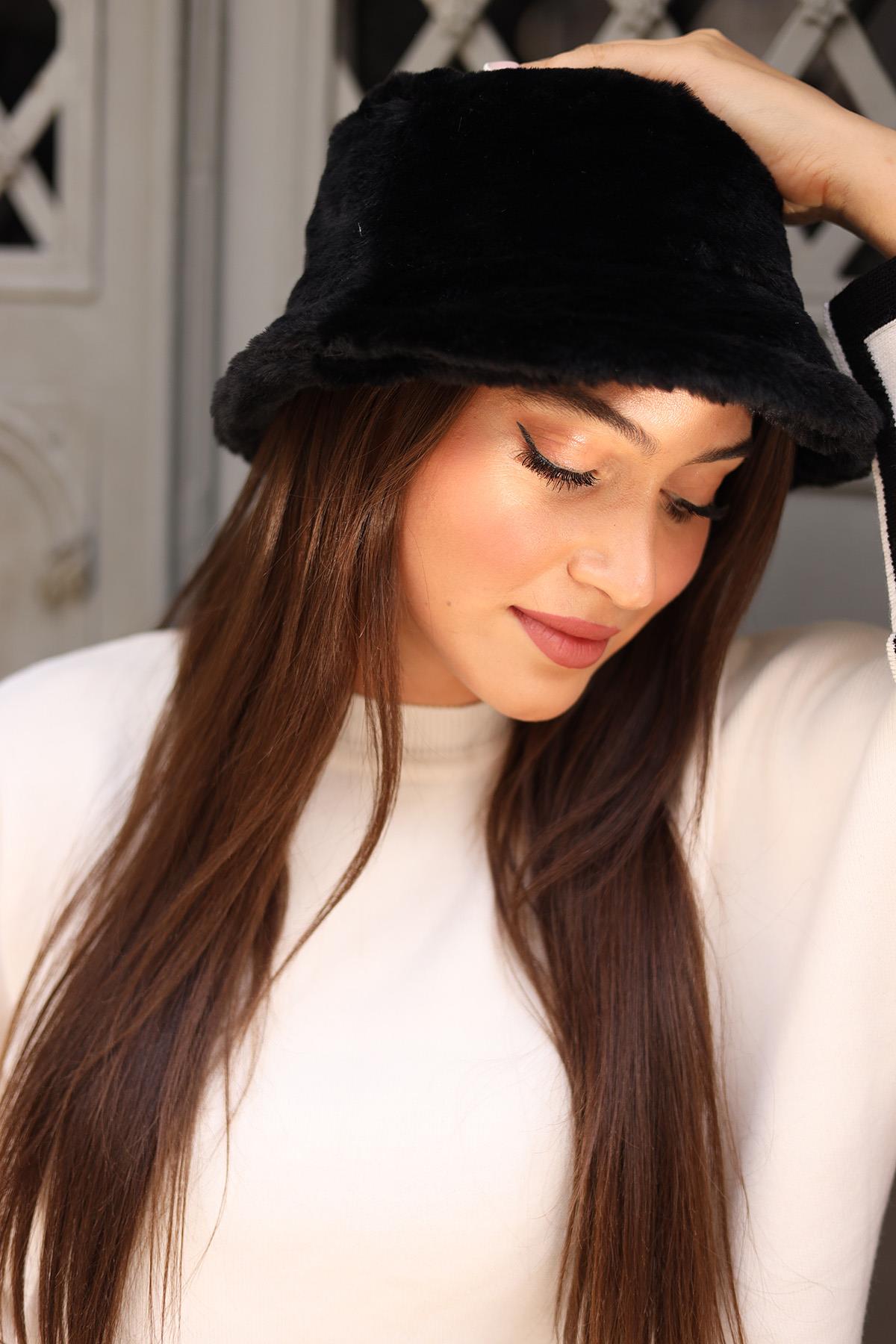 Kadın Peluş Bucket Şapka RKŞ-01 Siyah 
