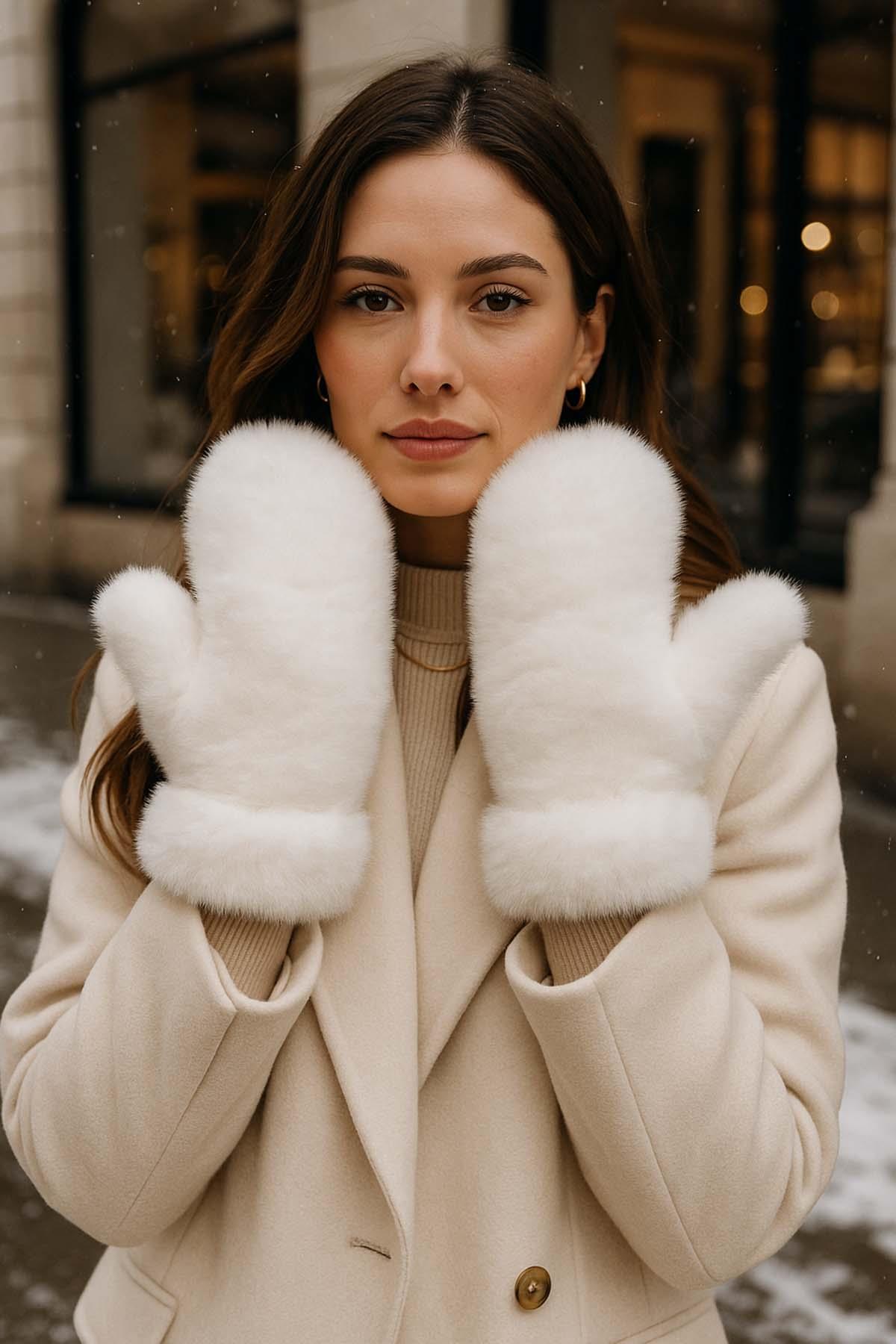 Kadın Peluş Eldiven ELD-32 Ekru