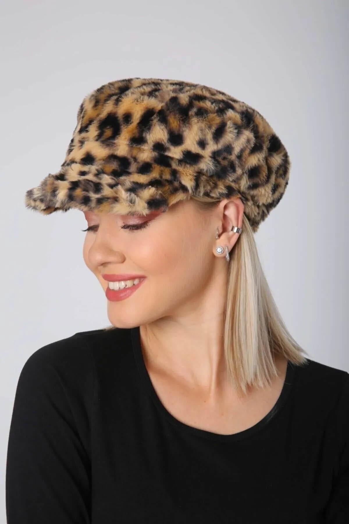 Kadın Peluş Kaptan Denizci Şapka RKŞ-05 Leopar