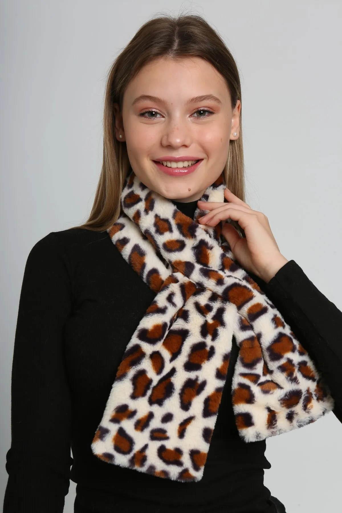 Kadın Peluş Kaşkol Boyunluk Atkı RKB-01 Ekru Leopar 3