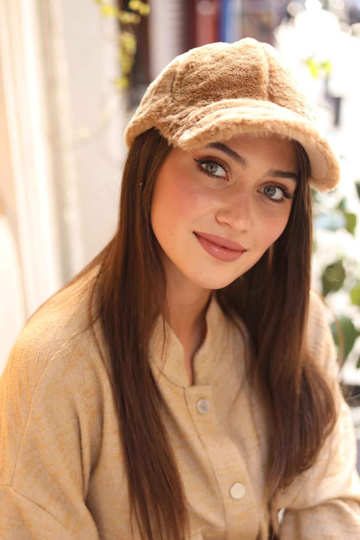 Kadın Peluş Kep Şapka RKŞ-06 Camel