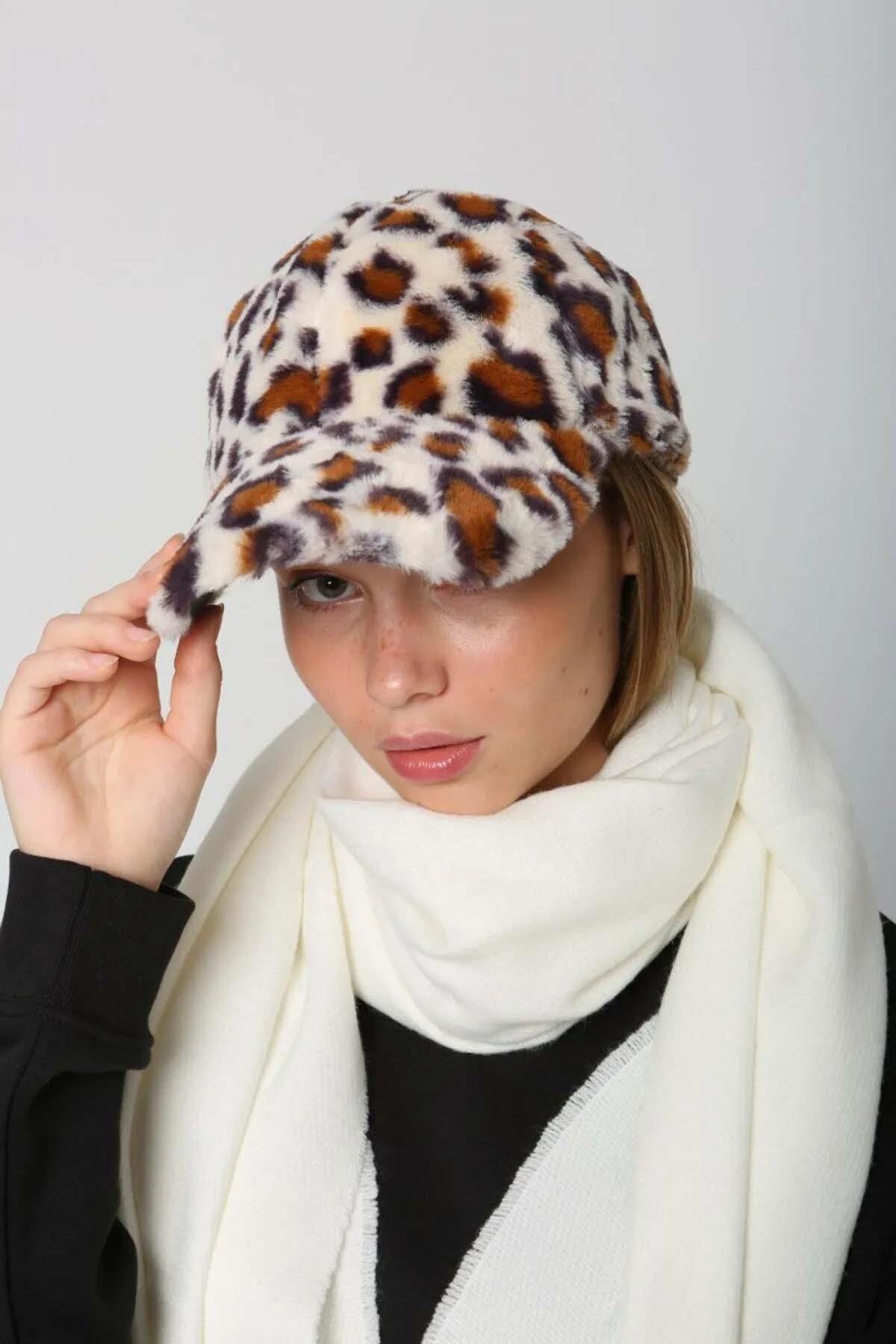 Kadın Peluş Kep Şapka RKŞ-06 Ekru Leopar