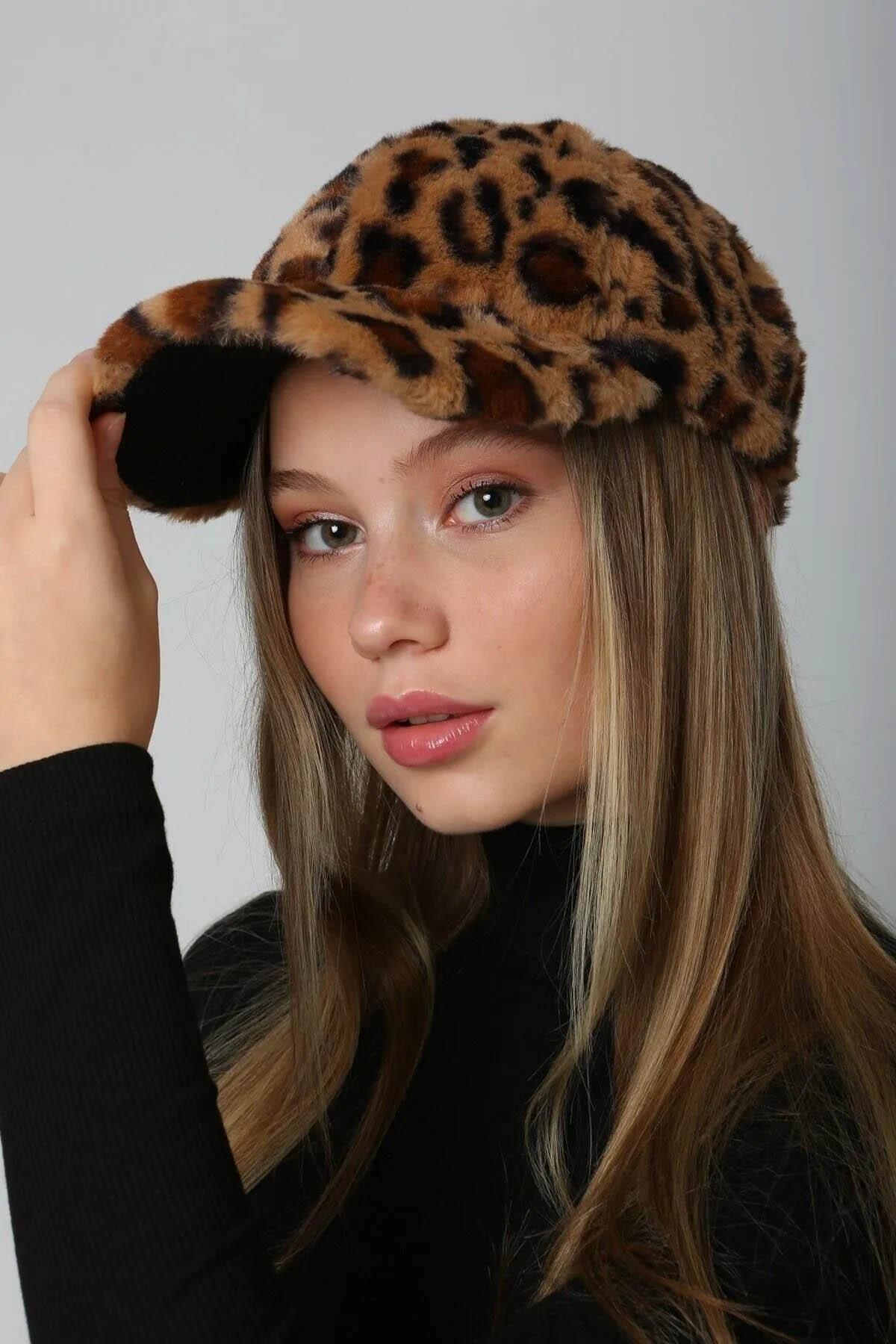 Kadın Peluş Kep Şapka RKŞ-06 Kahverengi Leopar
