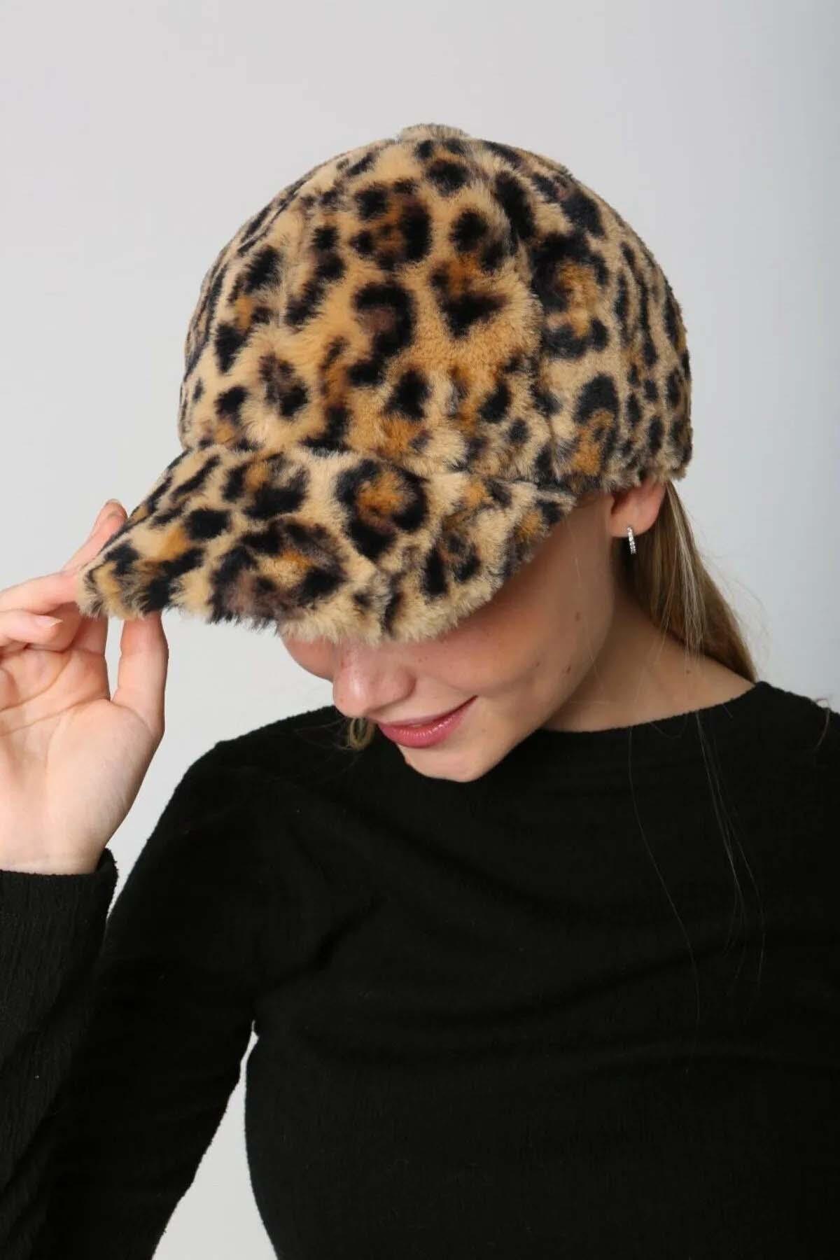 Kadın Peluş Kep Şapka RKŞ-06 Leopar 