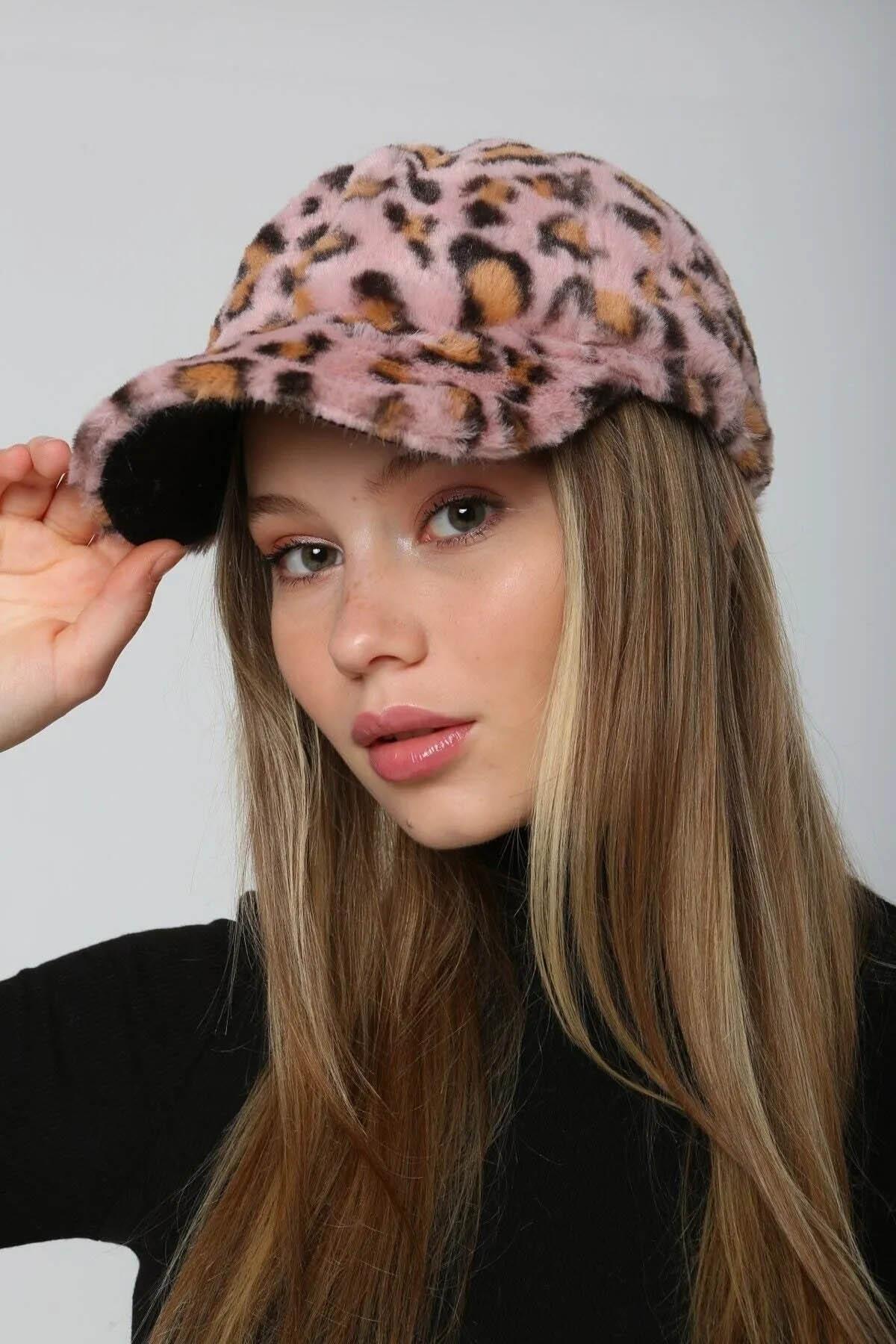 Kadın Peluş Kep Şapka RKŞ-06 Pembe Leopar