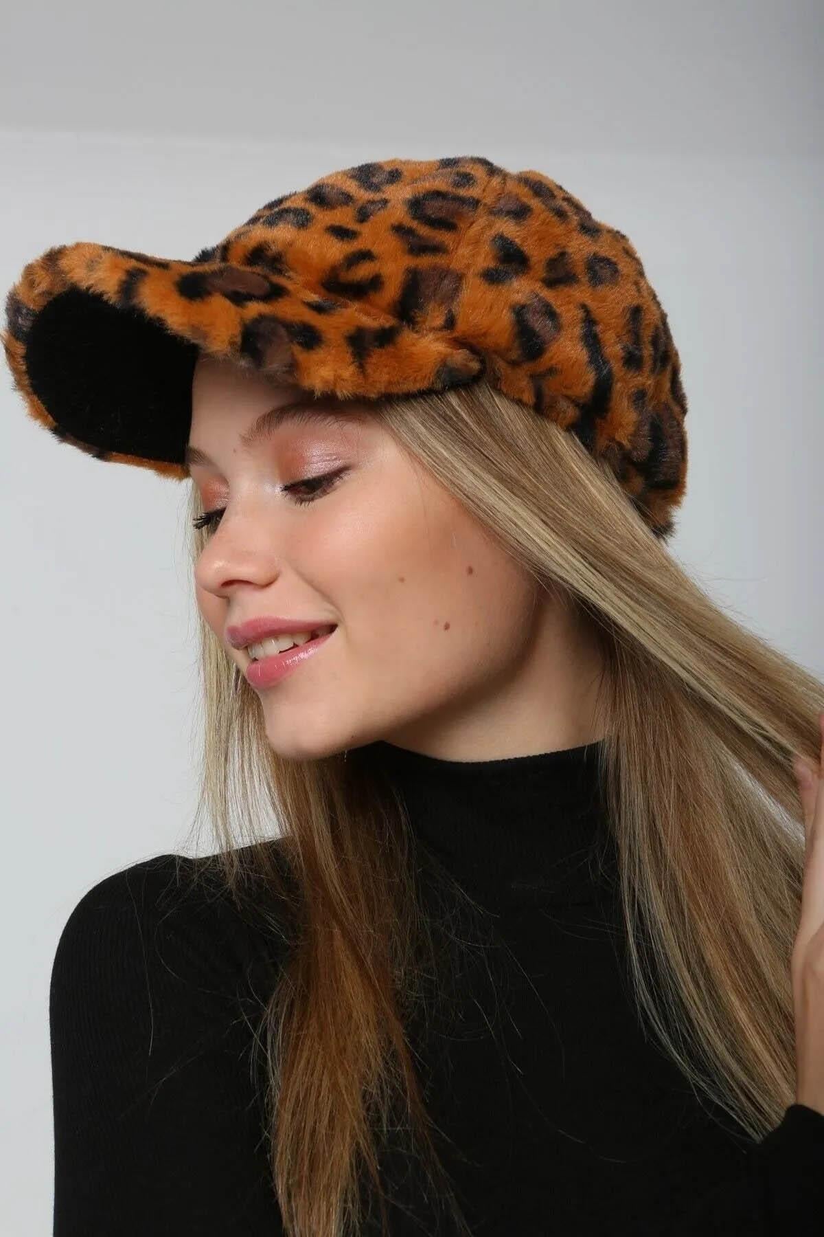 Kadın Peluş Kep Şapka RKŞ-06 Turuncu Leopar