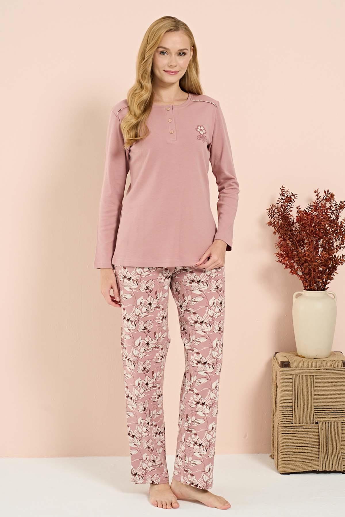 Kadın Penye Uzun Kol Pijama Takımı 3209 Gül Kurusu