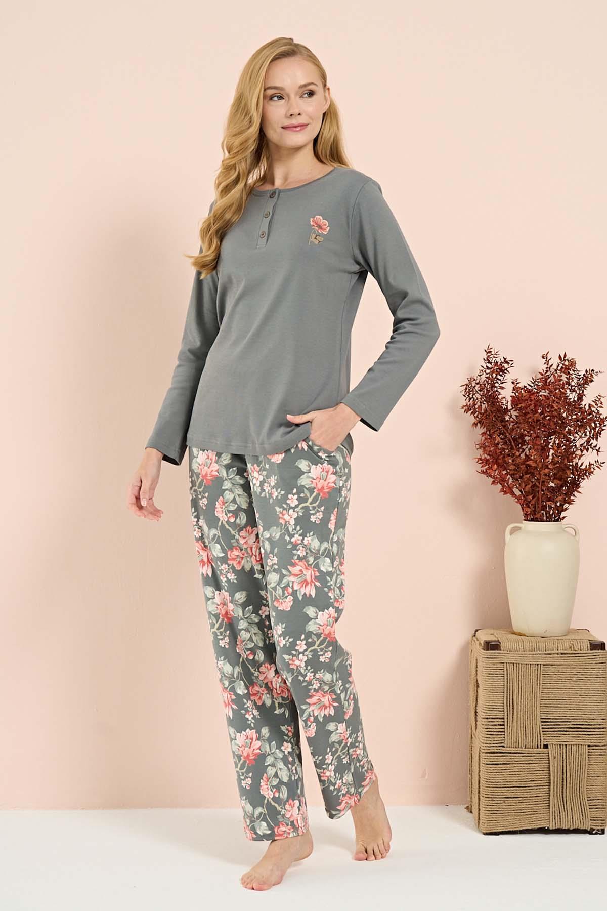 Kadın Penye Uzun Kol Pijama Takımı 3202 Gri