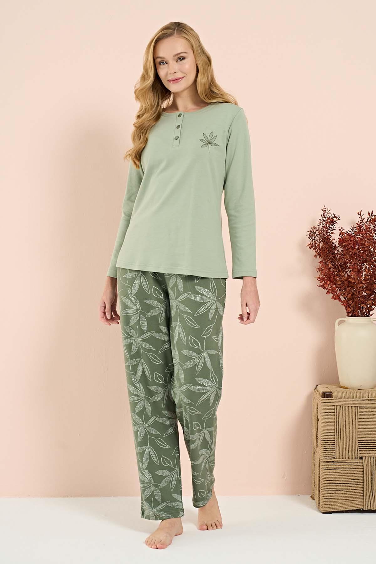 Kadın Penye Uzun Kol Pijama Takımı 3201 Yeşil01