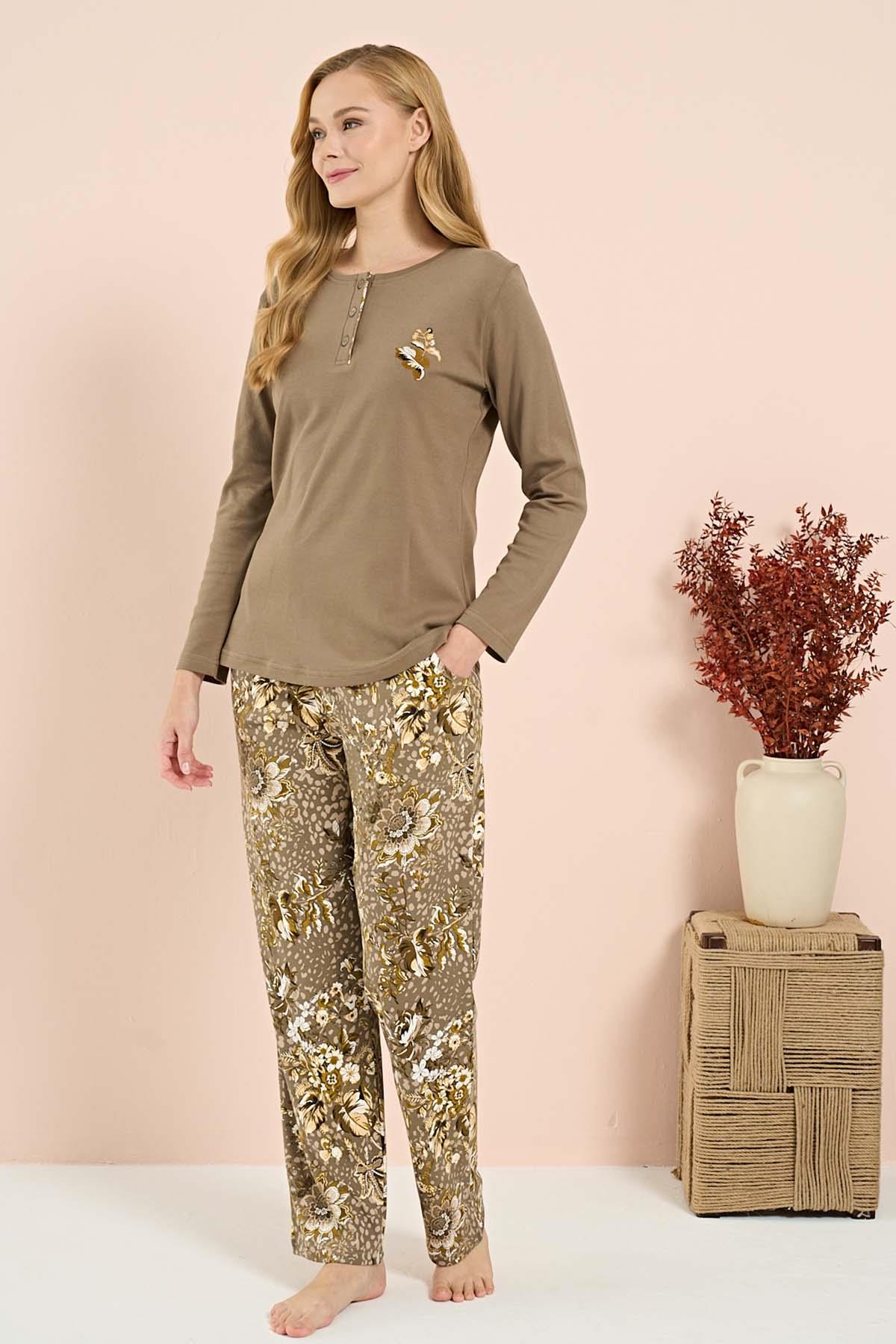 Kadın Penye Uzun Kol Pijama Takımı 3210 Haki