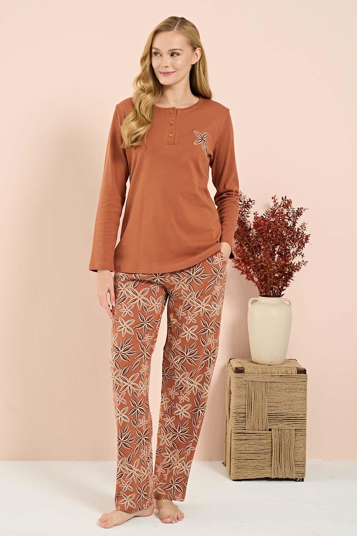 Kadın Penye Uzun Kol Pijama Takımı 3216 Kiremit