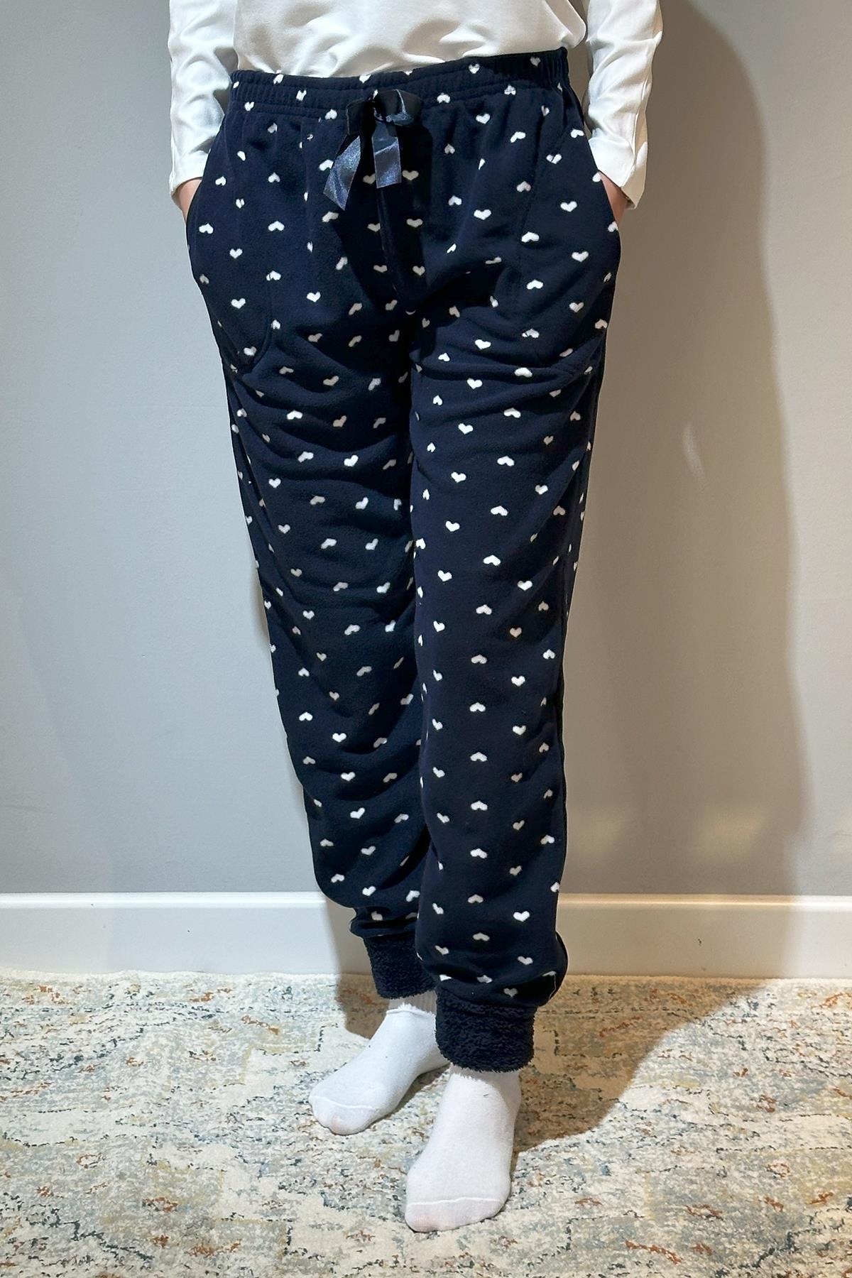 Kadın Polar Manşetli Pijama Tek Alt Kalp 130 Lacivert