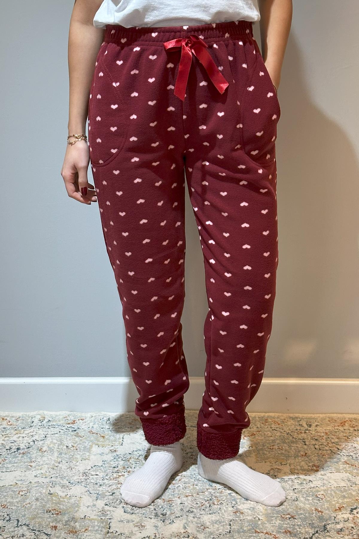 Kadın Polar Manşetli Pijama Tek Alt Kalp 130 Bordo