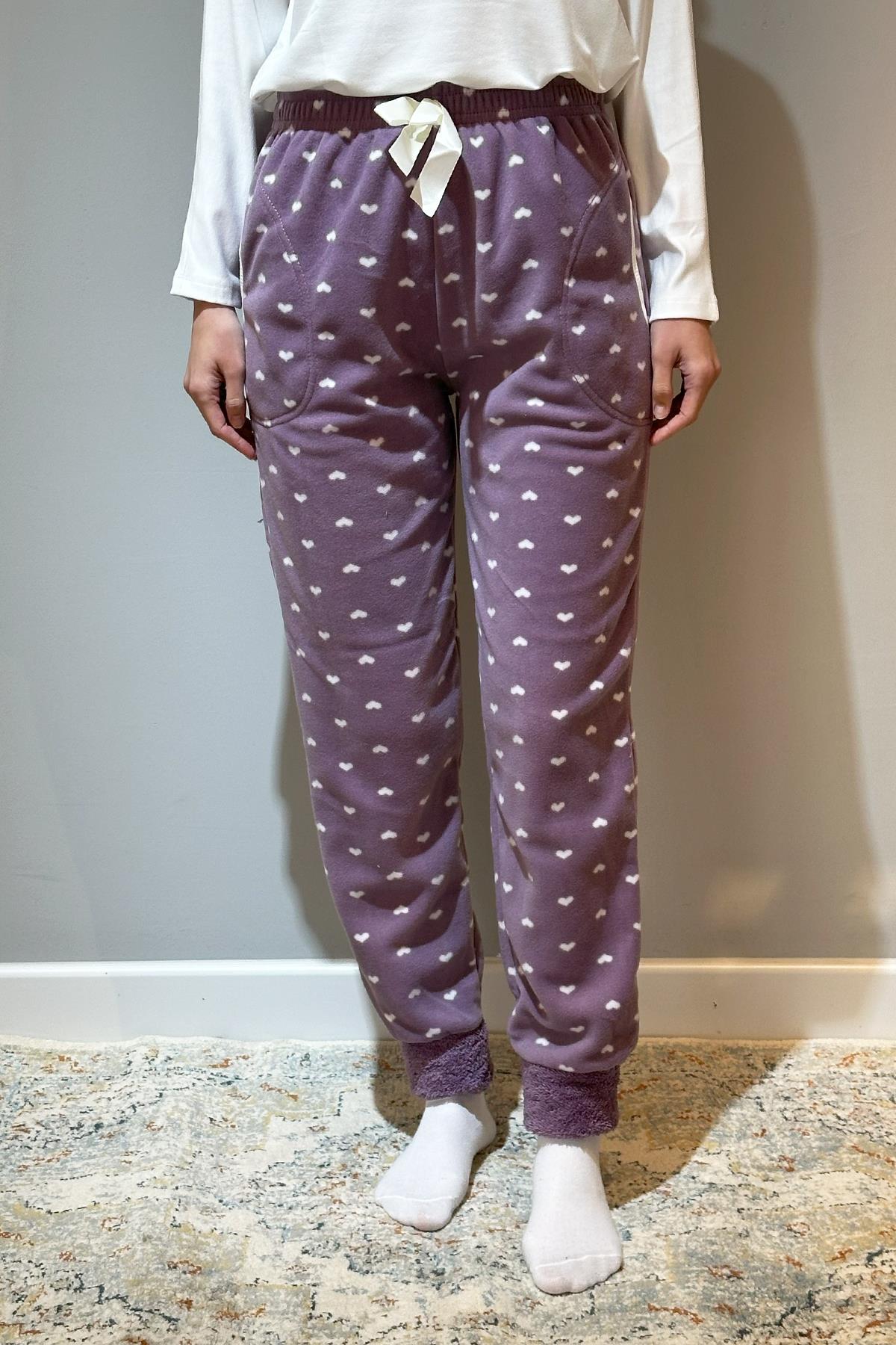 Kadın Polar Manşetli Pijama Tek Alt Kalp 130 Lila