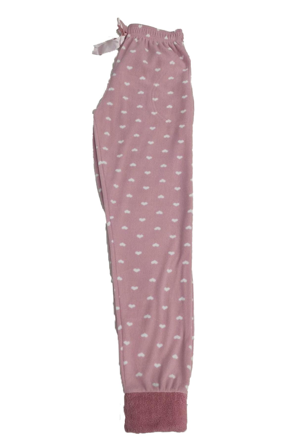 Kadın Polar Manşetli Pijama Tek Alt Kalp 130 Pudra