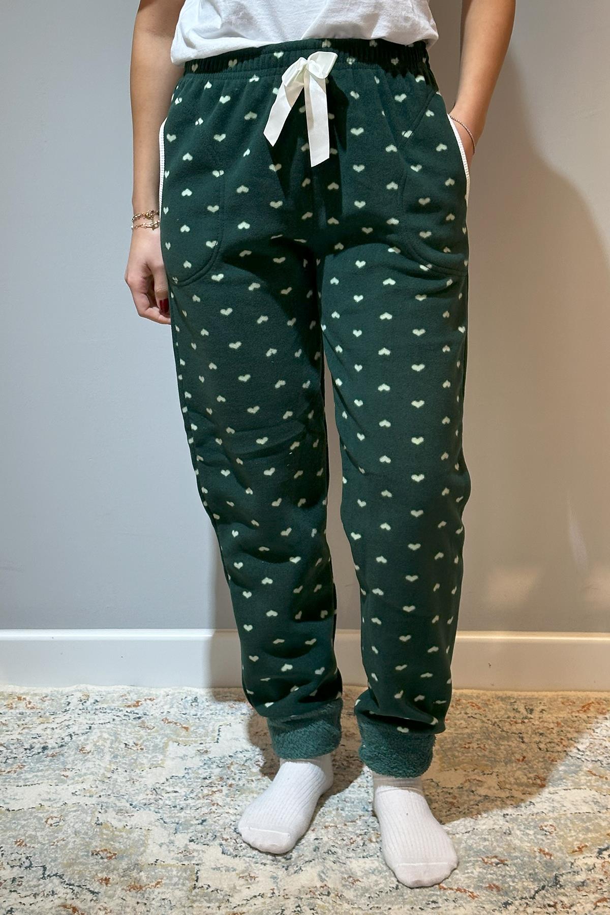 Kadın Polar Manşetli Pijama Tek Alt Kalp 130 Yeşil