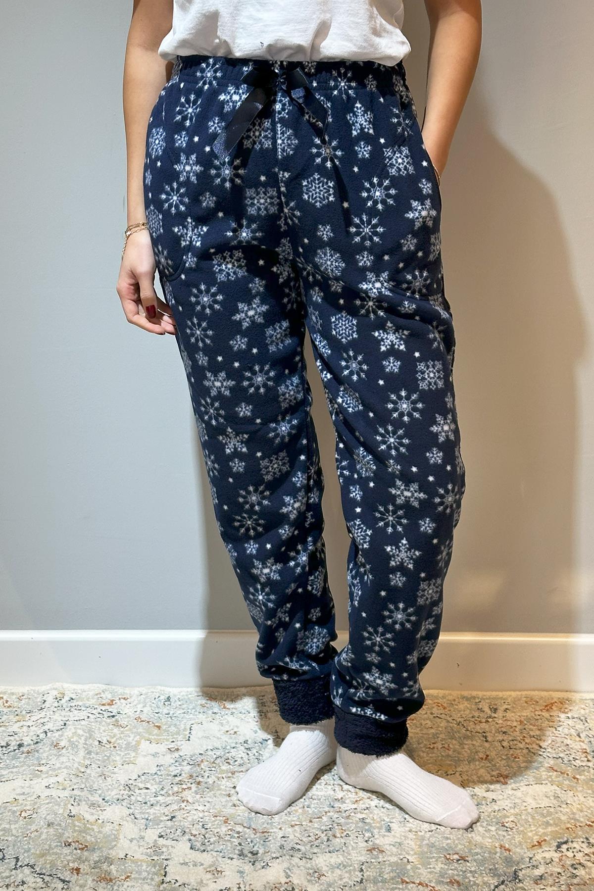 Kadın Polar Manşetli Pijama Tek Alt Kar 130 Lacivert