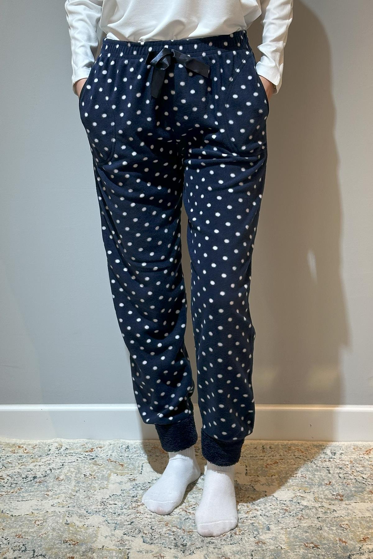 Kadın Polar Manşetli Pijama Tek Alt Puantiye 130 Lacivert