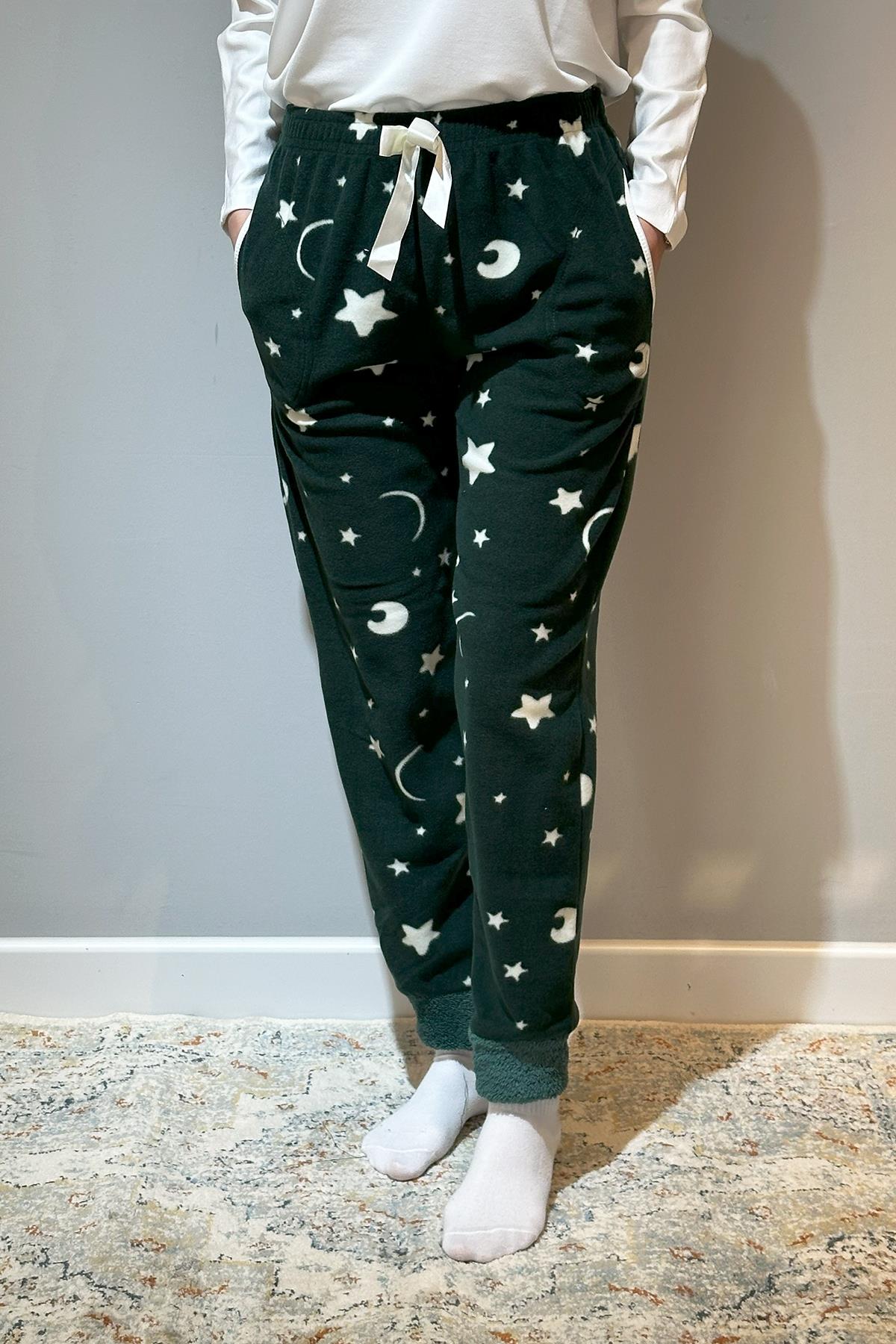 Kadın Polar Manşetli Pijama Tek Alt Yıldız 130 Yeşil