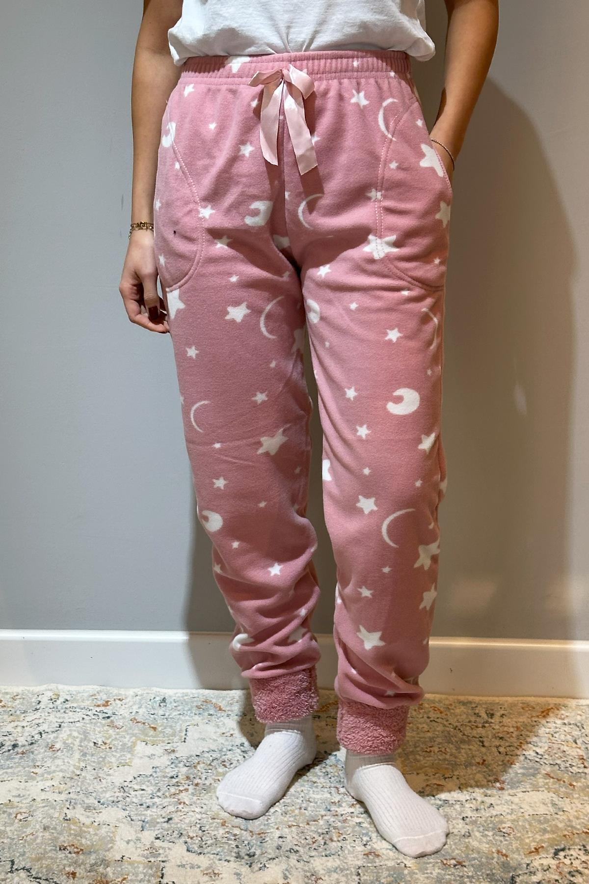 Kadın Polar Manşetli Pijama Tek Alt Yıldız 130 Pudra