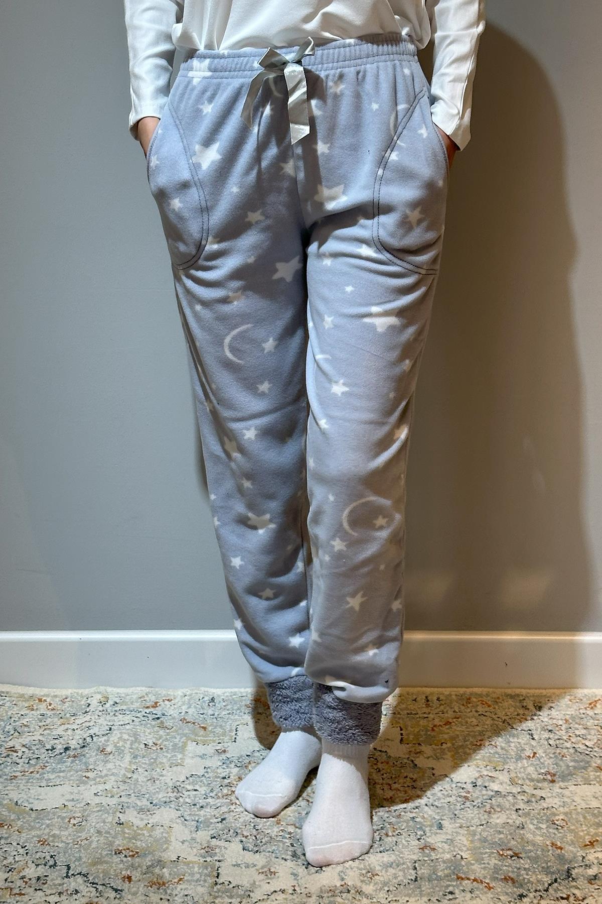 Kadın Polar Manşetli Pijama Tek Alt Yıldız 130 Gri