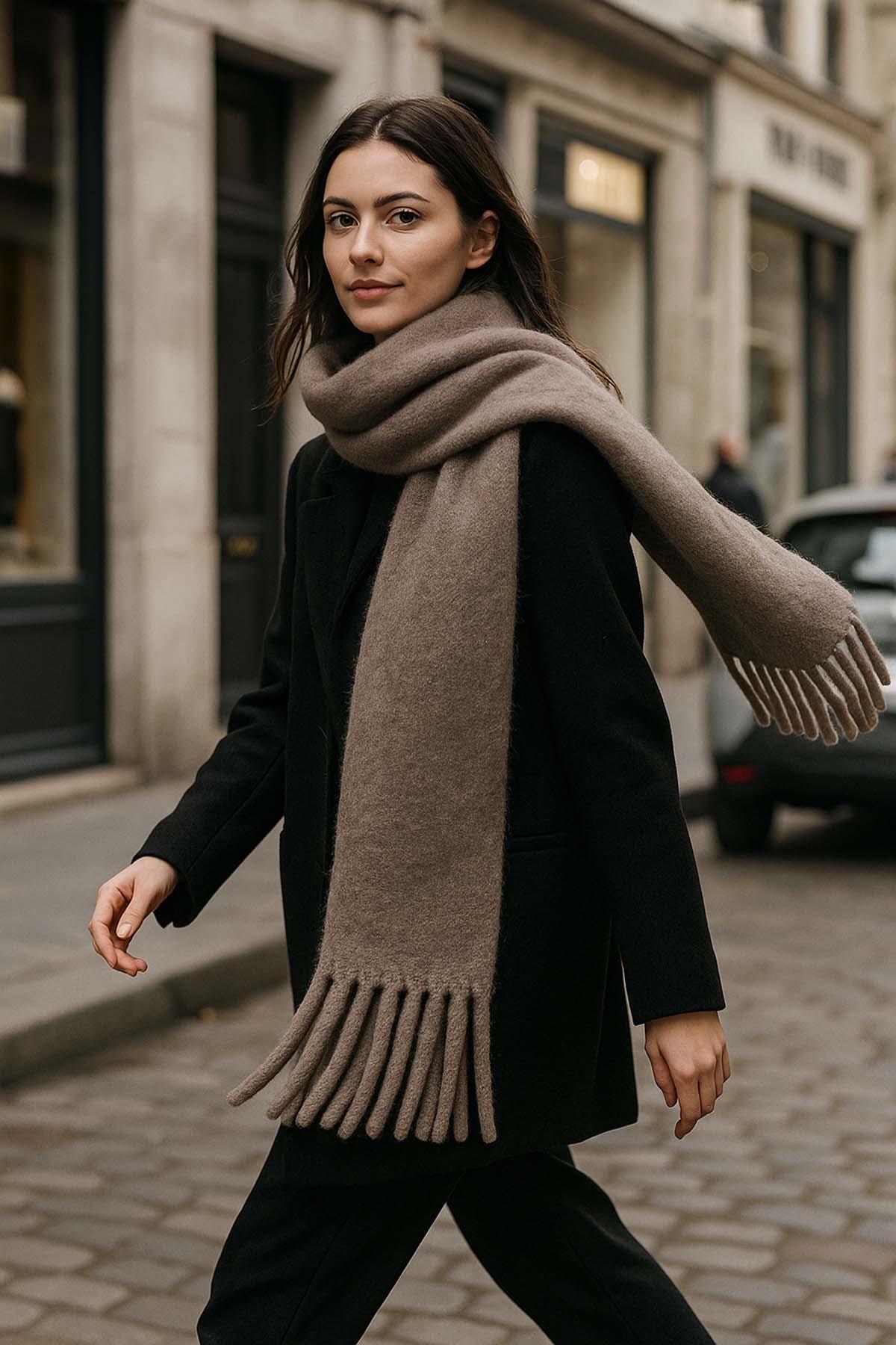 Kadın Püskül Detay Atkı Omuz Şalı 40x200 cm 1295 Vizon