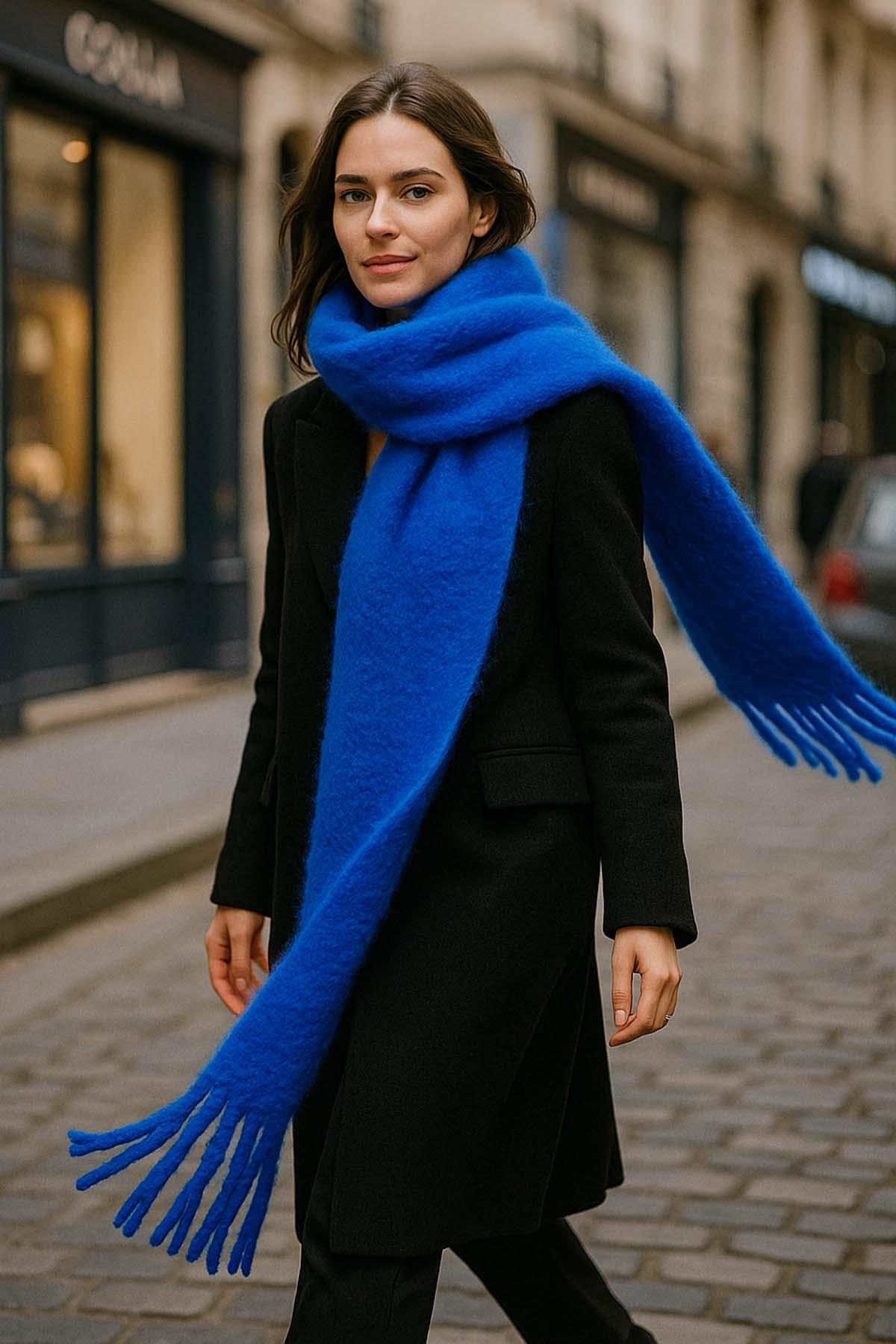 Kadın Püskül Detay Atkı Omuz Şalı 40x200 cm 1295 Saks Mavi 