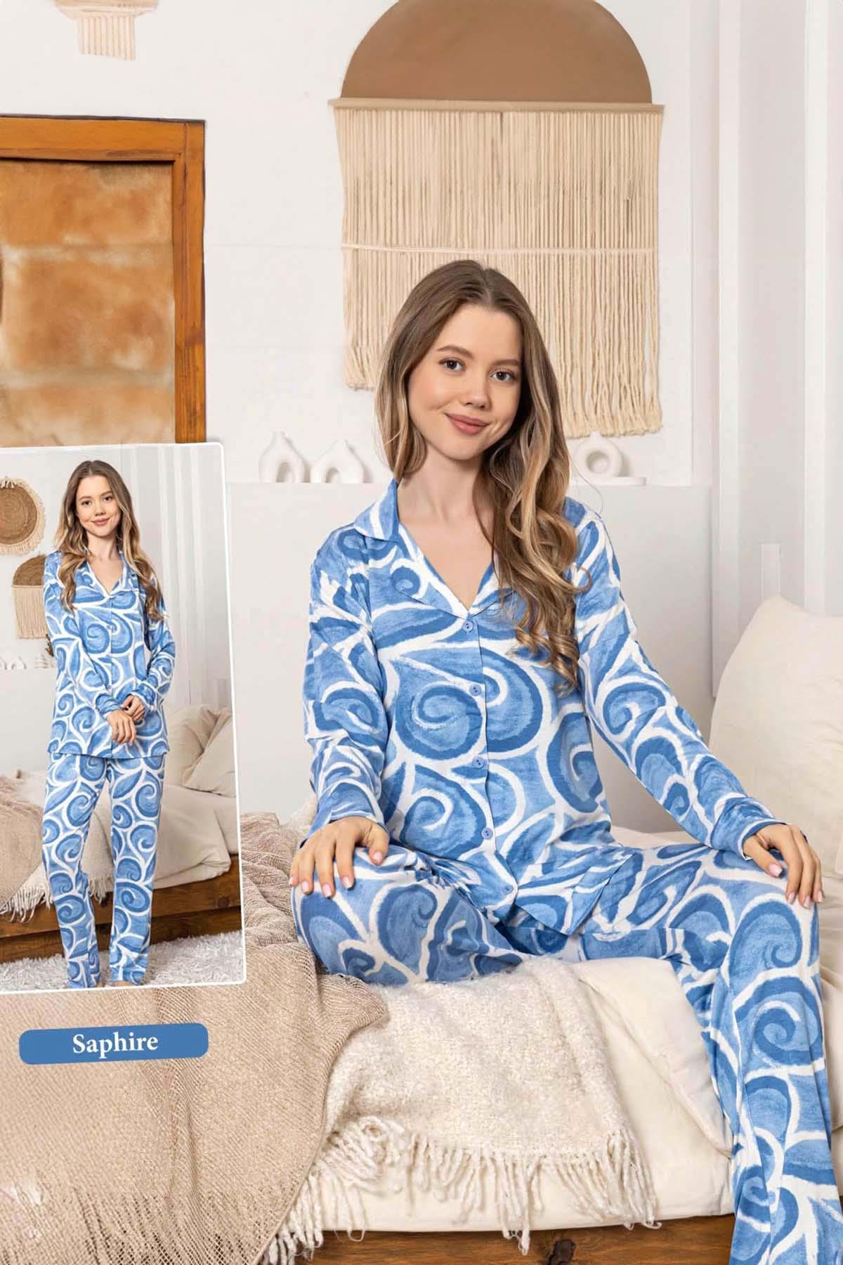 Kadın Rüzgar Desen Düğmeli Saphire Pijama Takımı 0375 Mavi