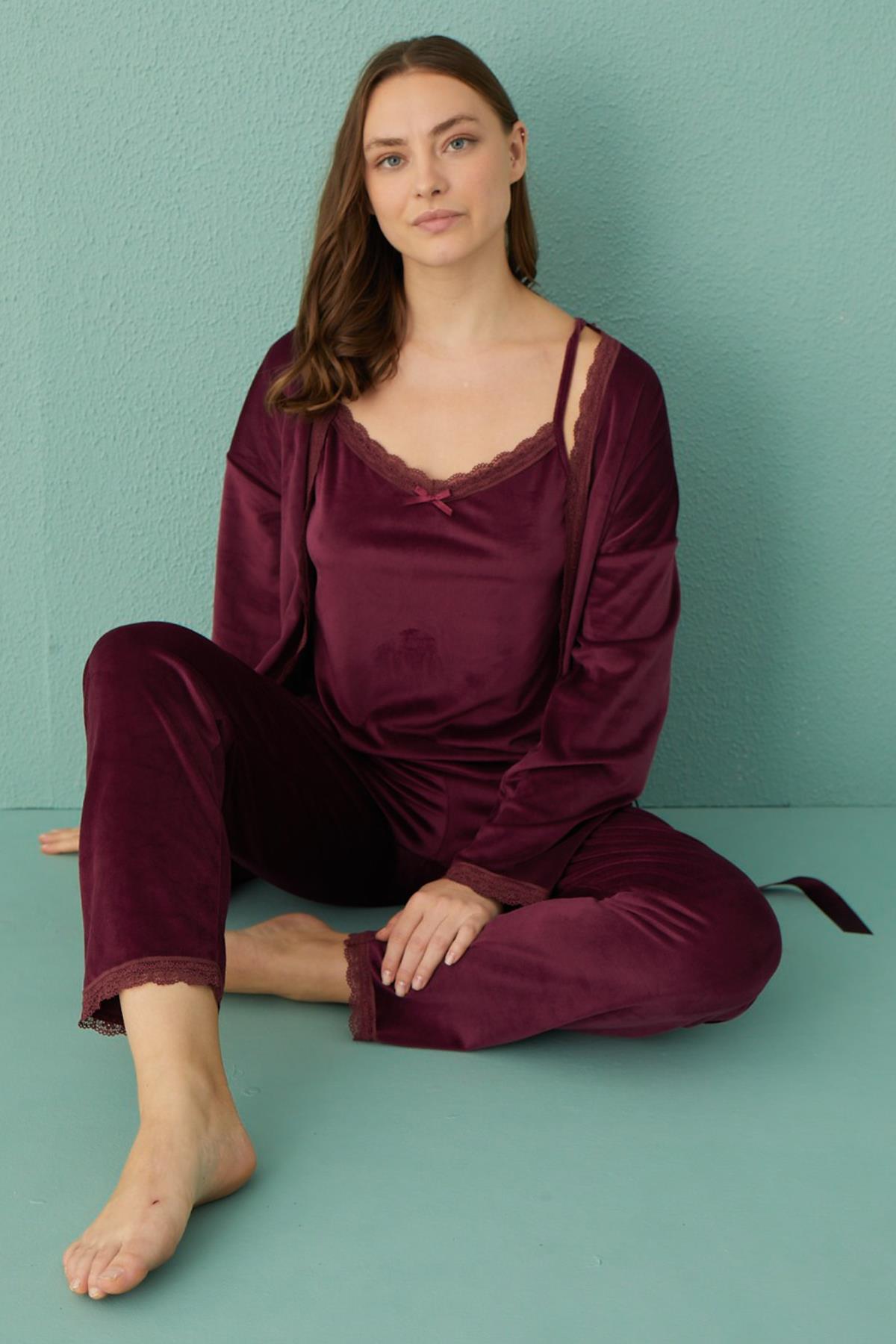 Kadın Sabahlıklı 3'lü Kadife Pijama Takımı 13402-13 Mürdüm